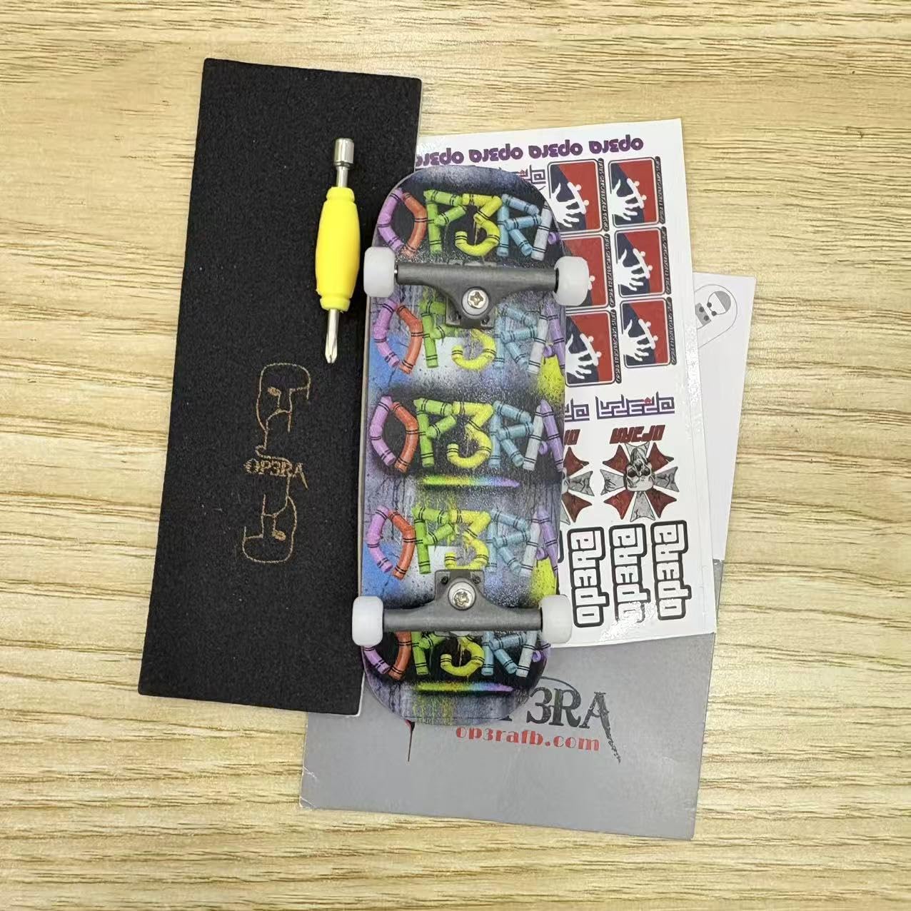 LEEFAI Pro Fingerboard Complete 34x96mm Pre-Assembled Set up with Solid Metal Trucks, Bearing Wheels-OP3RA Fingerboard Beginner Series (Stamp V3)