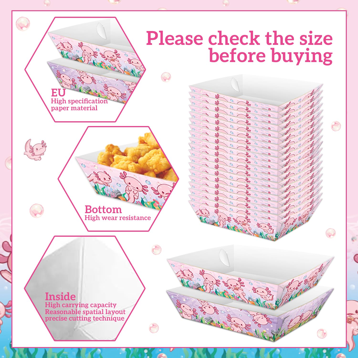 100PCS Pink Cartoon Axolotl Birthday Party Decorations, Axolotl Party Supplies Plates and Napkins Set, Axolotl Theme Paper Food Trays Large Food