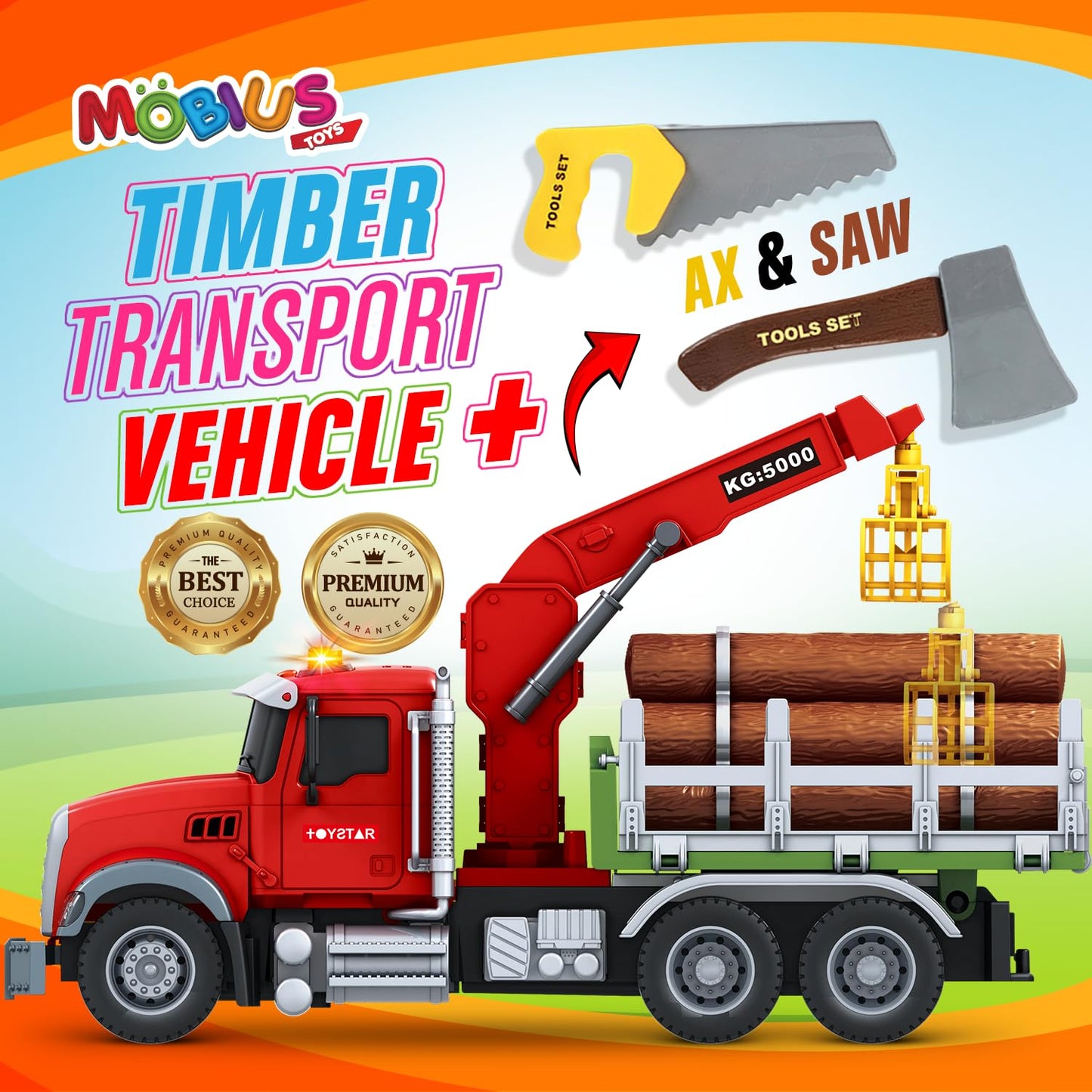Timber Log Truck Toys for Boys - Logging Trucks for Toddlers - Friction-Powered Vehicle Playset w/Lights & Sounds, Working Crane, Claw, Logs, Flatbed
