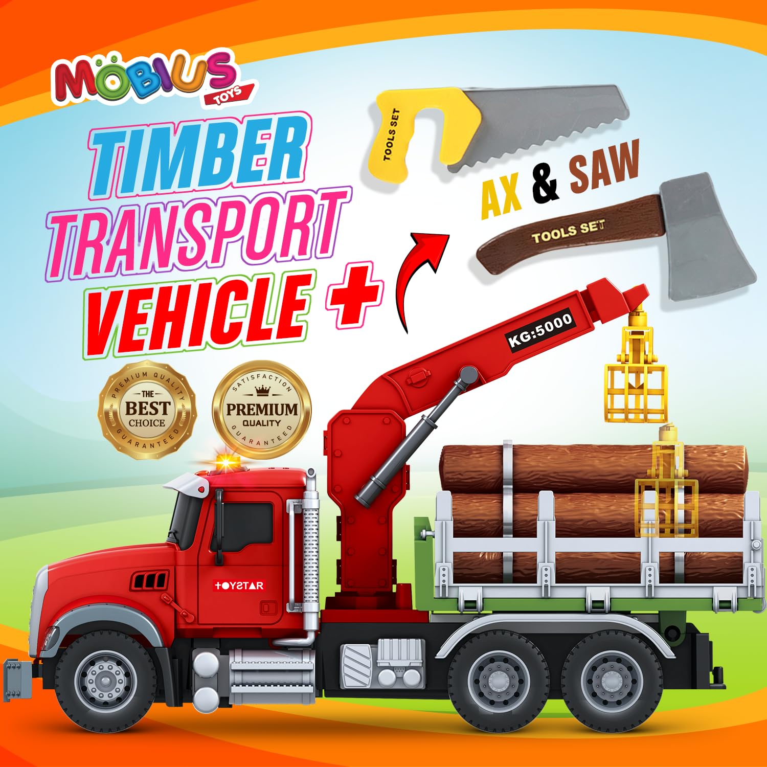 Timber Log Truck Toys for Boys - Logging Trucks for Toddlers - Friction-Powered Vehicle Playset w/Lights & Sounds, Working Crane, Claw, Logs, Flatbed