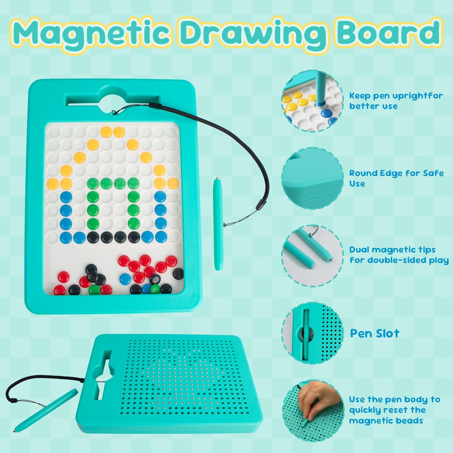 Kkogleam 2-in-1 Double-Sided Magnetic Drawing Board for Kids& Toddlers Magnet Doodle Board with Beads, Magnetic Tablet Toy for Airplane & Car Ride