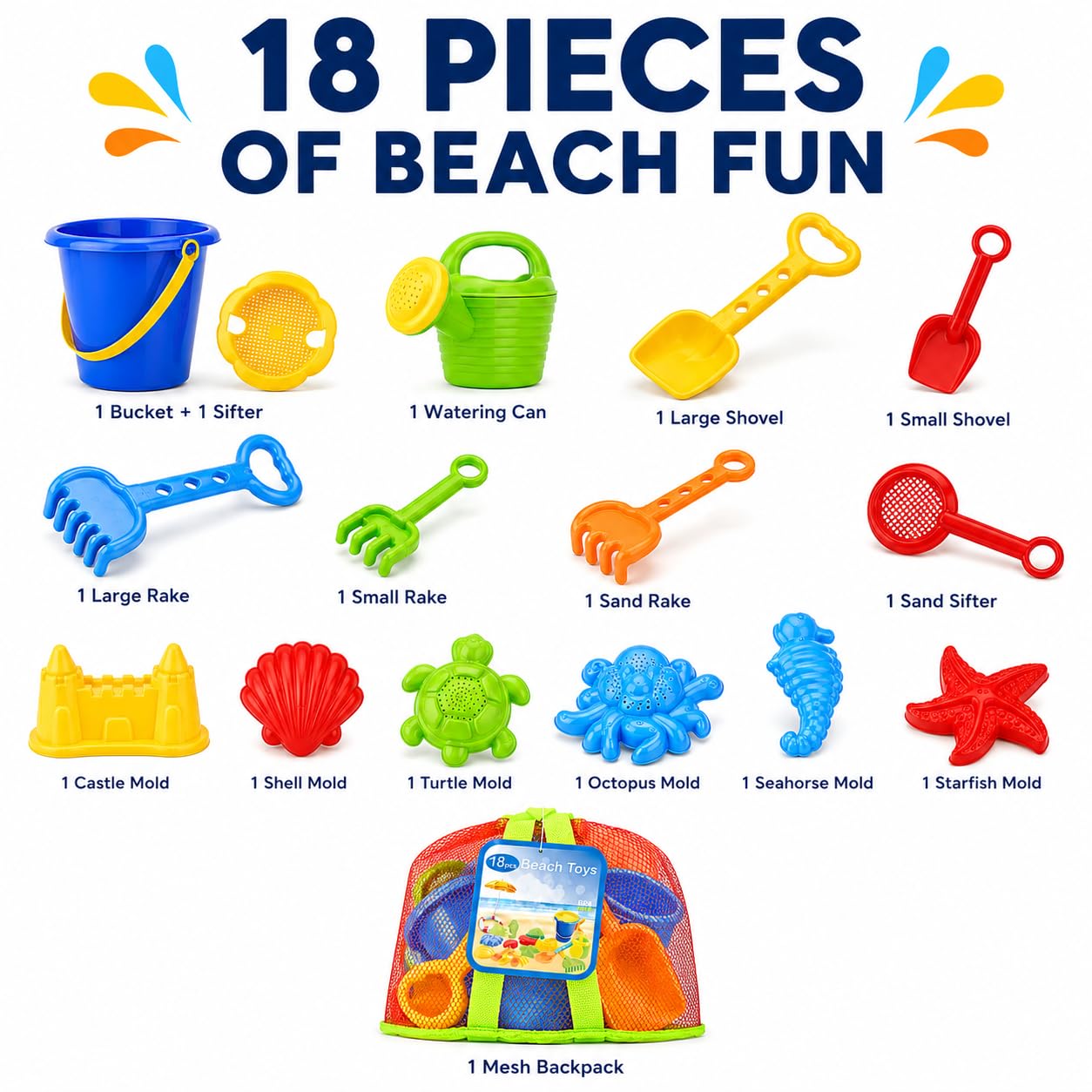 Click N' Play Beach Toys for Kids 3-10 - 18pc Sand Toys Including Sand Buckets for Kids with Sifter, Watering Can, Rake, 4 Hand Tools, 10 Sand Molds