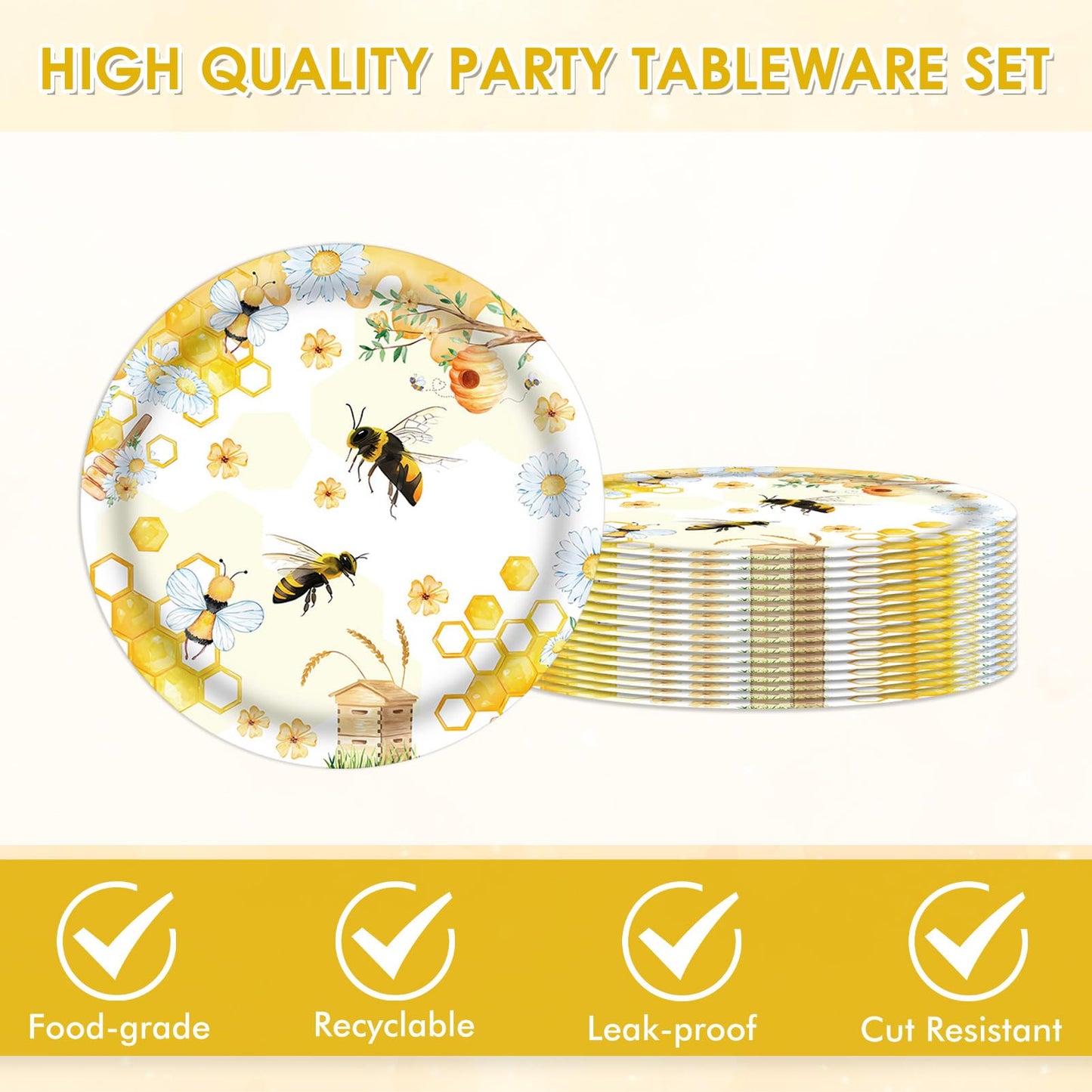 40Pcs Bee Birthday Party Decorations Bee Paper Plates and Napkins Cute Bumblebee Daisy Honeycomb Themed Tableware Set,for Honey Baby Shower Kids Boys