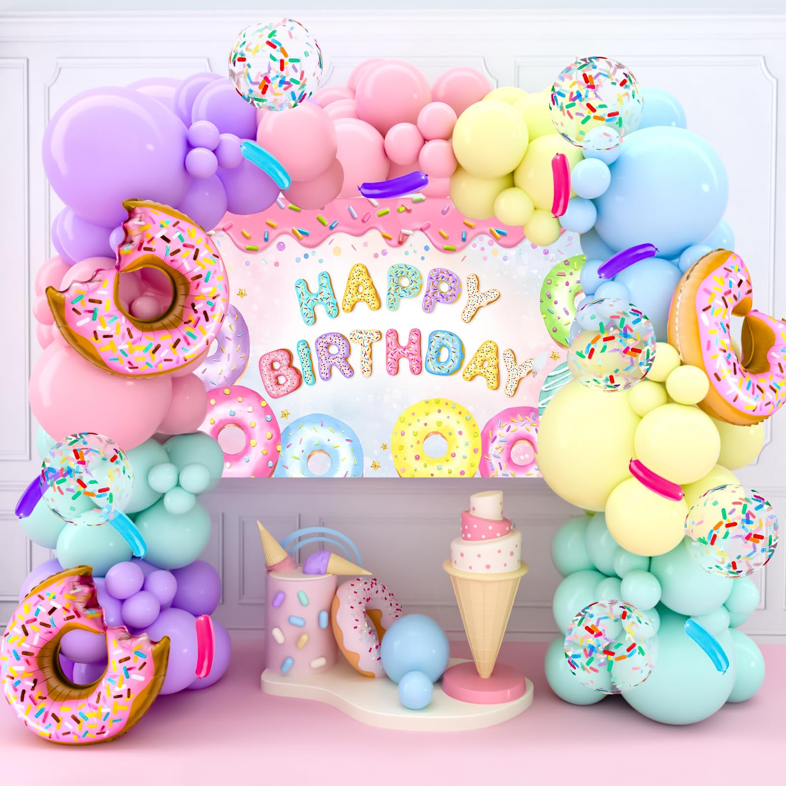 Pink Purple Blue Green Yellow Macaron Latex Balloons, Foil Donut Ice Cream Candy Balloon Sweet One Backdrops for Girls Women Birthday Party