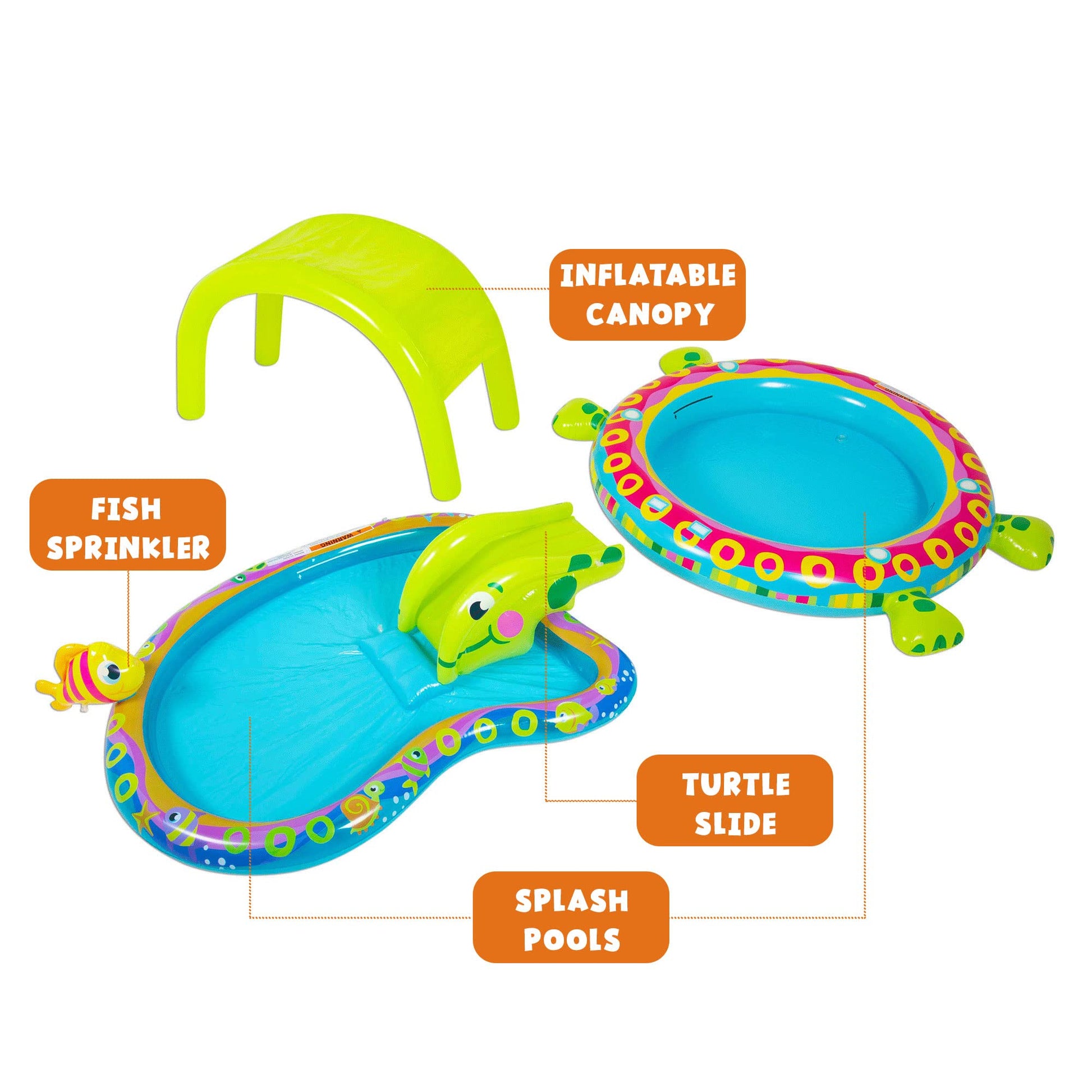 Banzai Shade 'N Slide Turtle Inflatable Outdoor Kiddie Splash Pool with Fish Sprinkler, Removable Canopy, and Mini Slide for Ages 3+