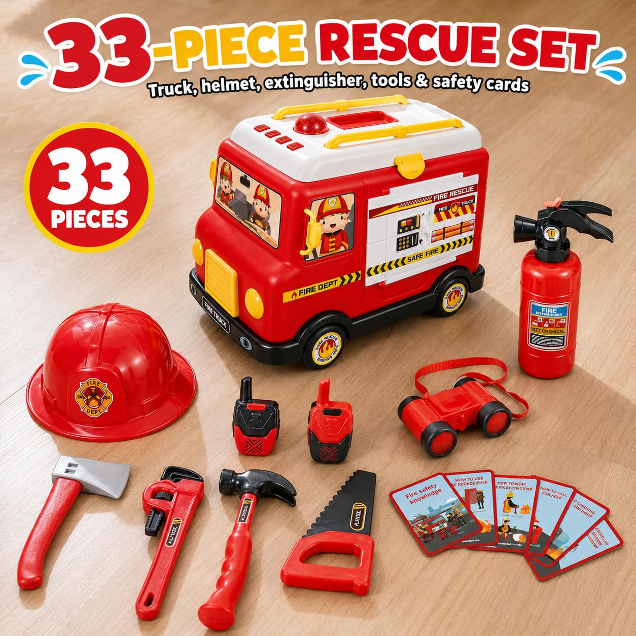 33-Piece Toddler Fire Truck Toy | Electric Firetruck Toys | Fire Engine Toy with Firemen Tool Set | Roleplay Firefighter Toys | Kids Trucks Gifts