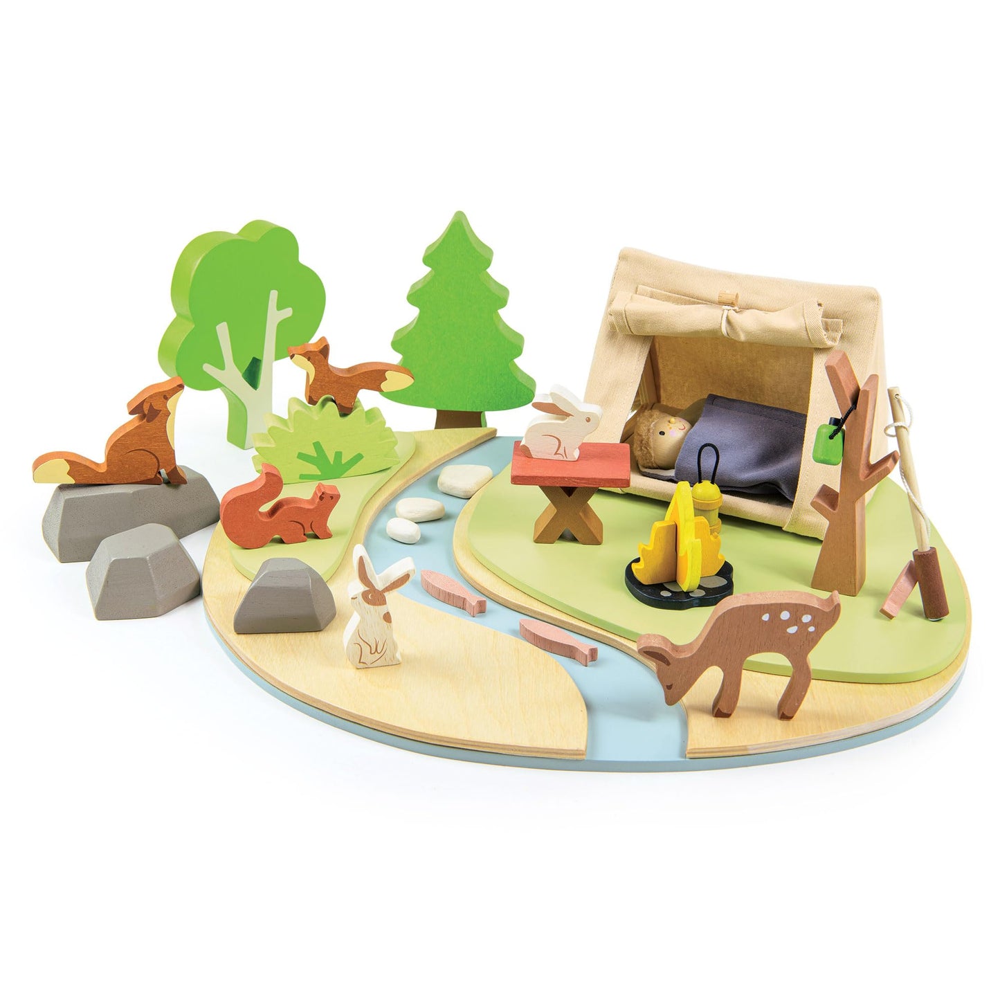 Tender Leaf Toys - Wildlife Camping Playset - Wooden Doll Sized Camping Set with Tent, Campfire, Fishing Rod & Accessories - Imaginative Play Set