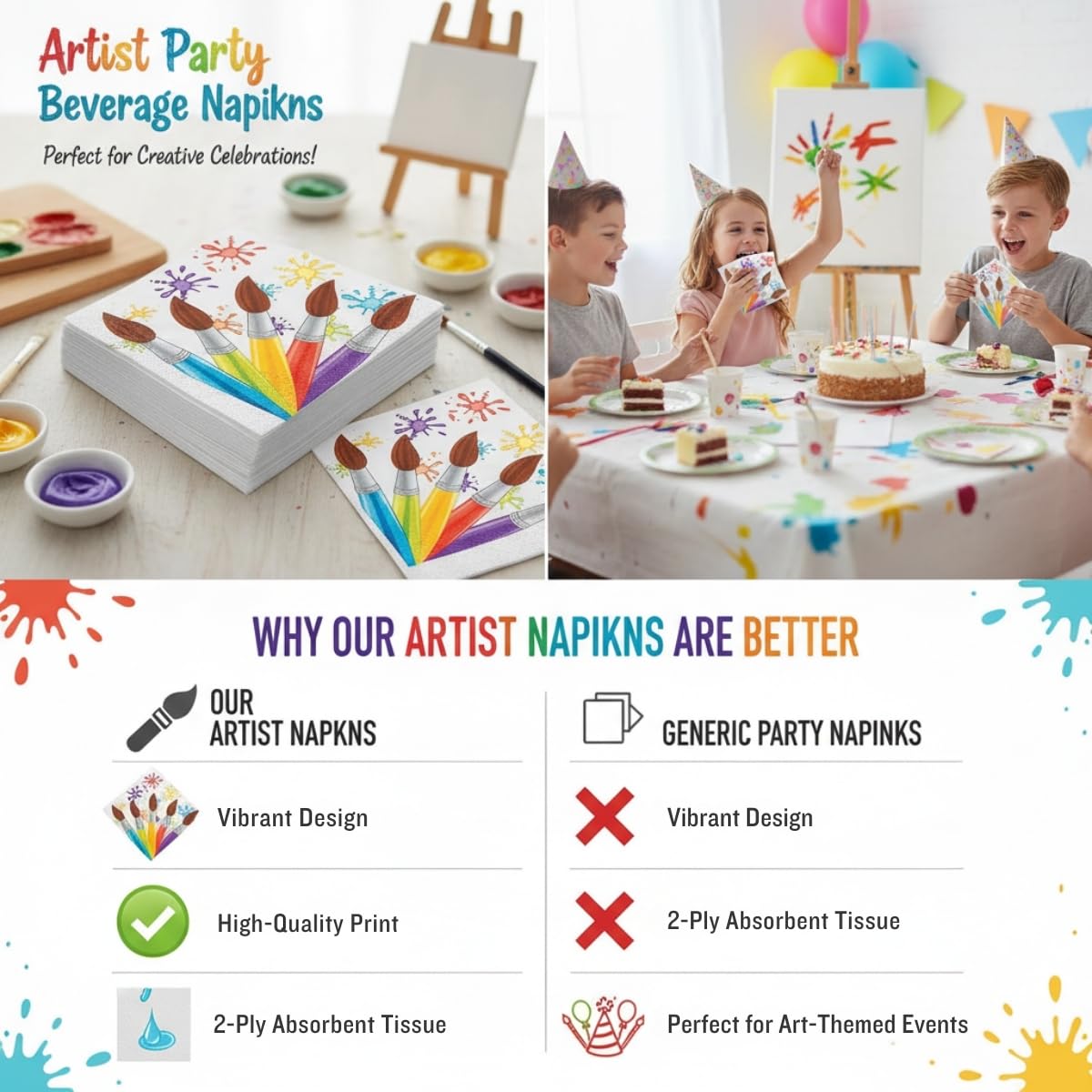Fun Express - Artist Party Beverage Napkins for Birthday - Party Supplies - Print Tableware - Print Napkins - Birthday - 16 Pieces