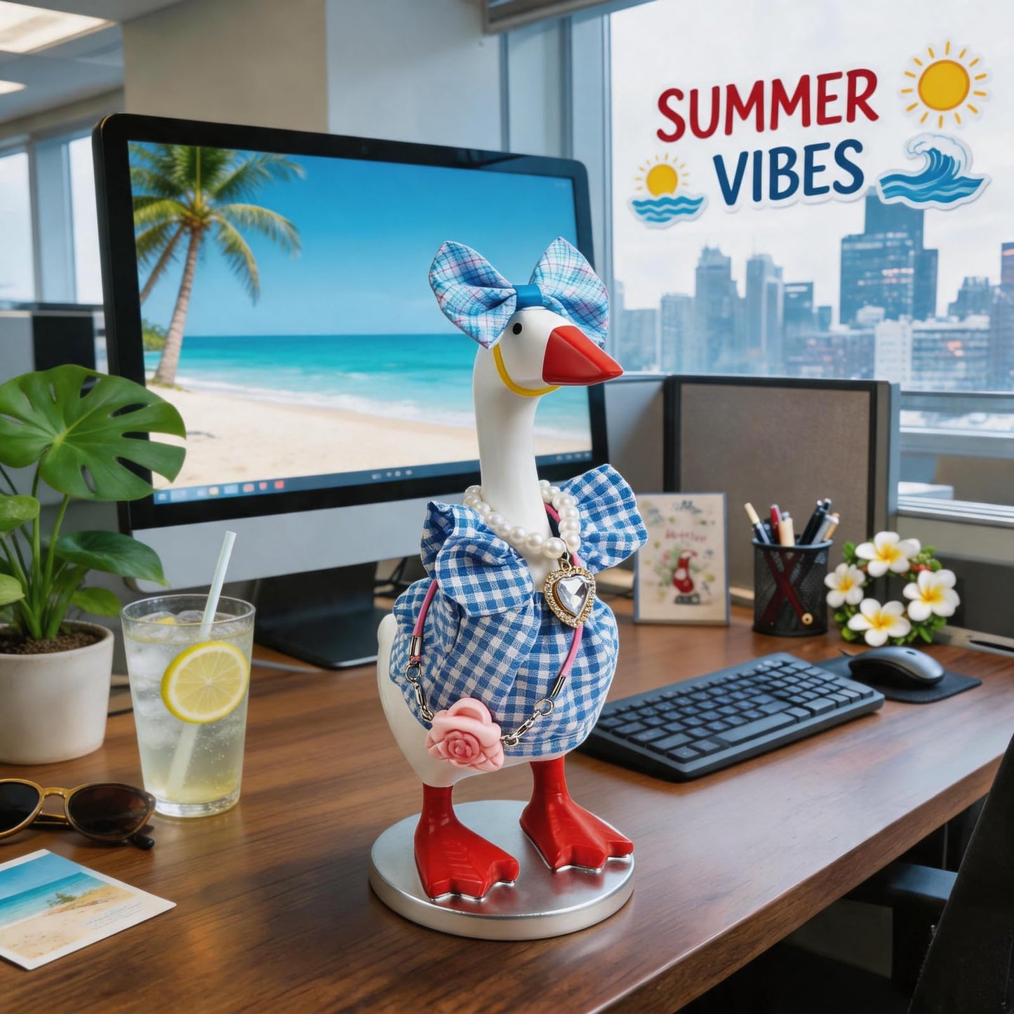 4 Sets 7 Inches Desk Goose Summer Outfits , Mini Desktop Goose Clothes Set - Includes Felt Hats, Sunglasses, Bags, Cute T-Shirts, Water Bottle