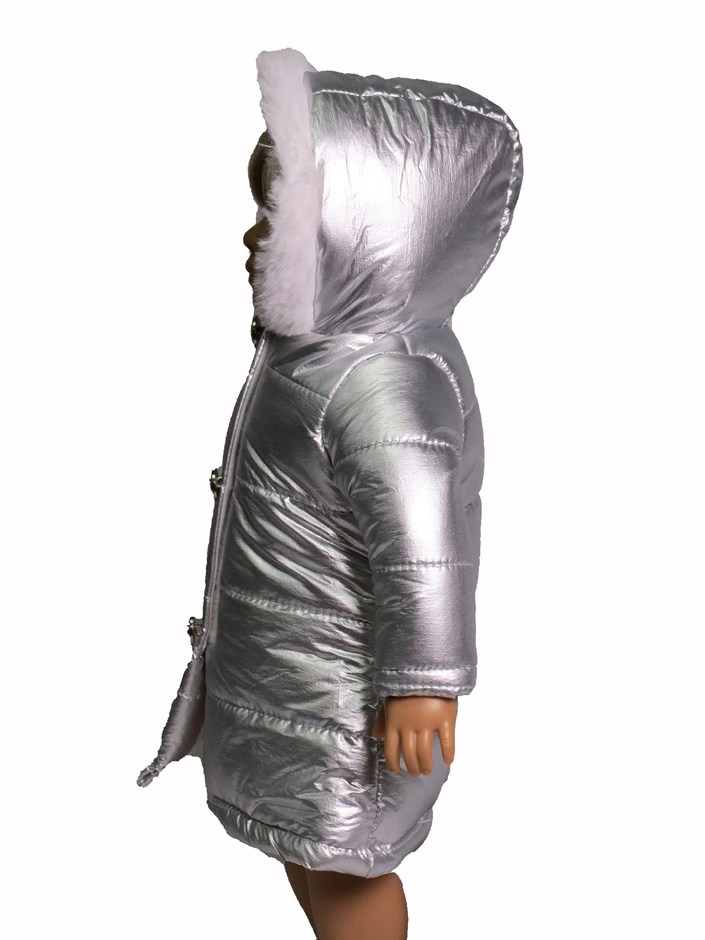 American Fashion World Mettalic Silver Puffer Coat for 18in Doll