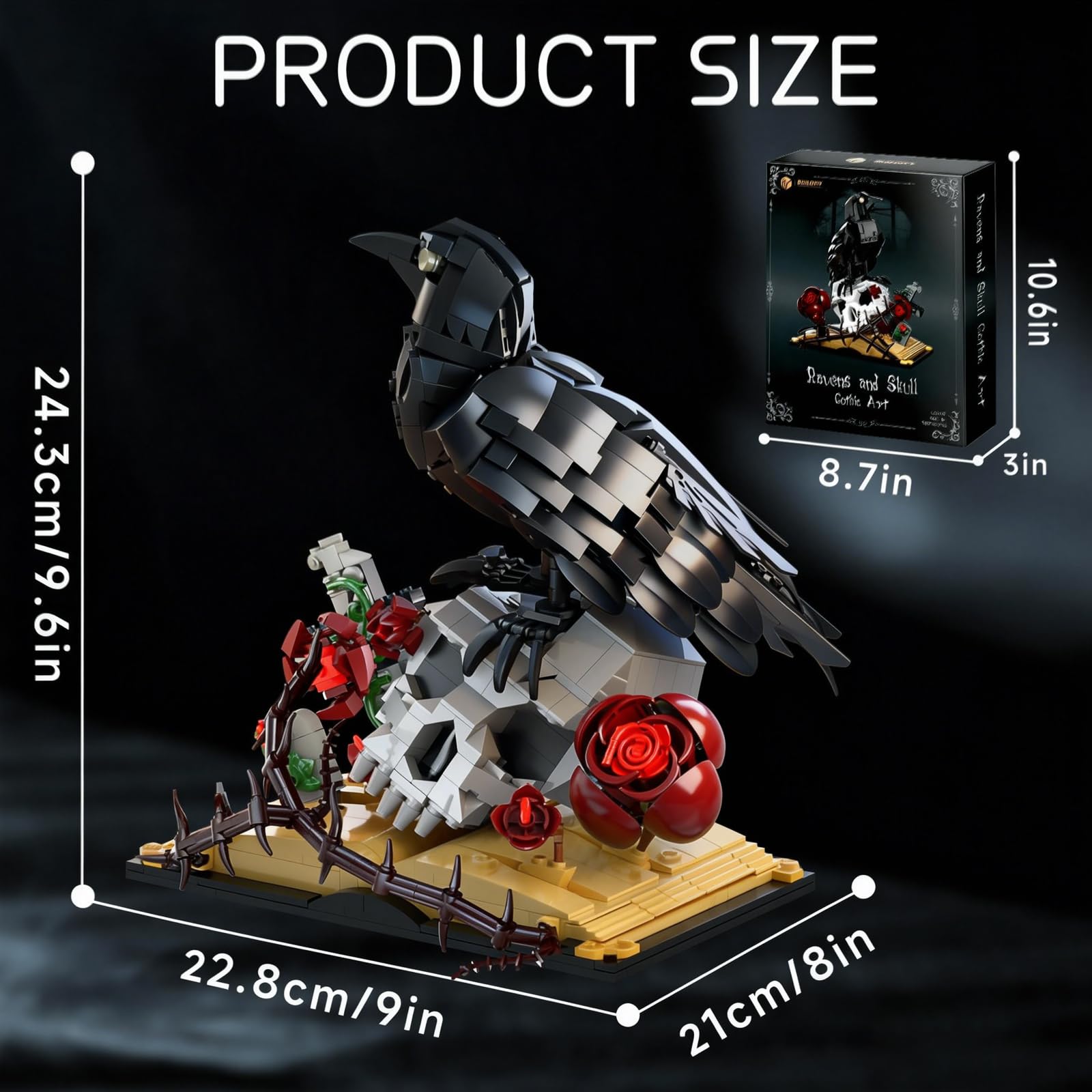 Gothic Raven & Skull Art Building Set, Skull Decor Features Ravens, Skulls, Roses, Crosses, and Books - Eye-Catching Table Centerpiece, Halloween or
