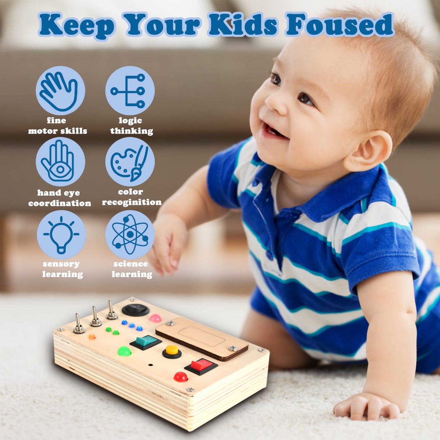 LED Light Switch Busy Board Montessori Toy Button Busy Board Kids Wooden Control Panel Kids Toy Activity Sensory Board Fidget Toy for Toddlers 1 2 3