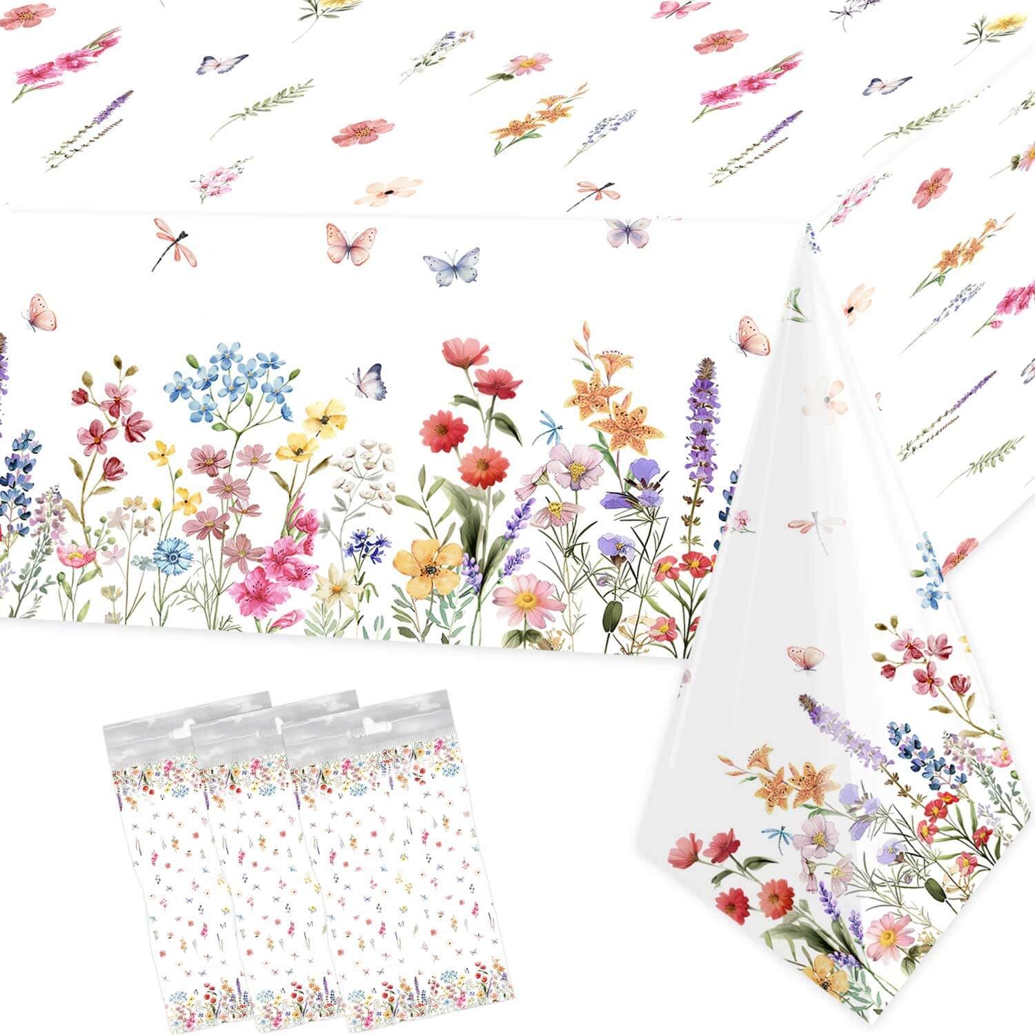 3 Pcs Wildflower Tablecloth Spring Summer Floral Table Cover for Butterfly Wildflowers Theme Picnic Dining Holiday Weeding Baby Shower Birthday Tea