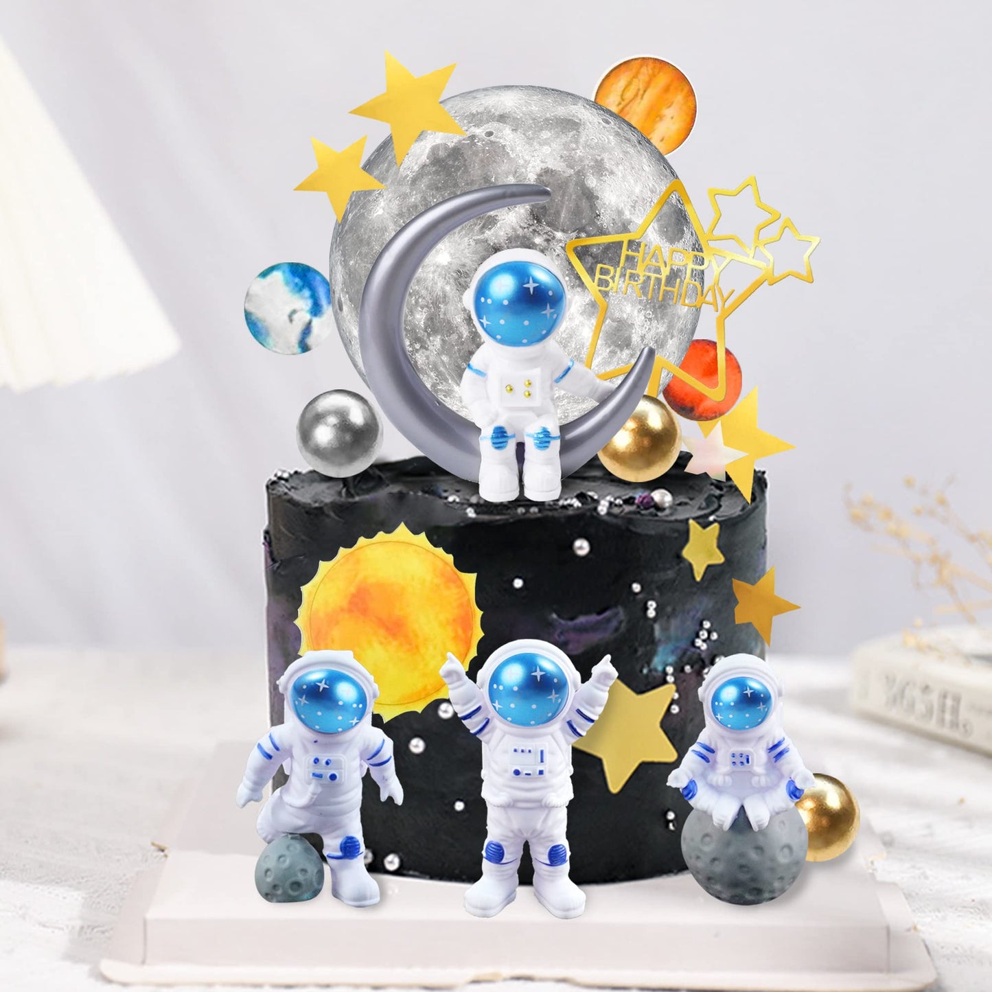 34 PCS Space Cake Toppers Outer Astronaut Figurines Planet Satellite Balls and Stars for Space Theme Birthday Supplies (Planet)