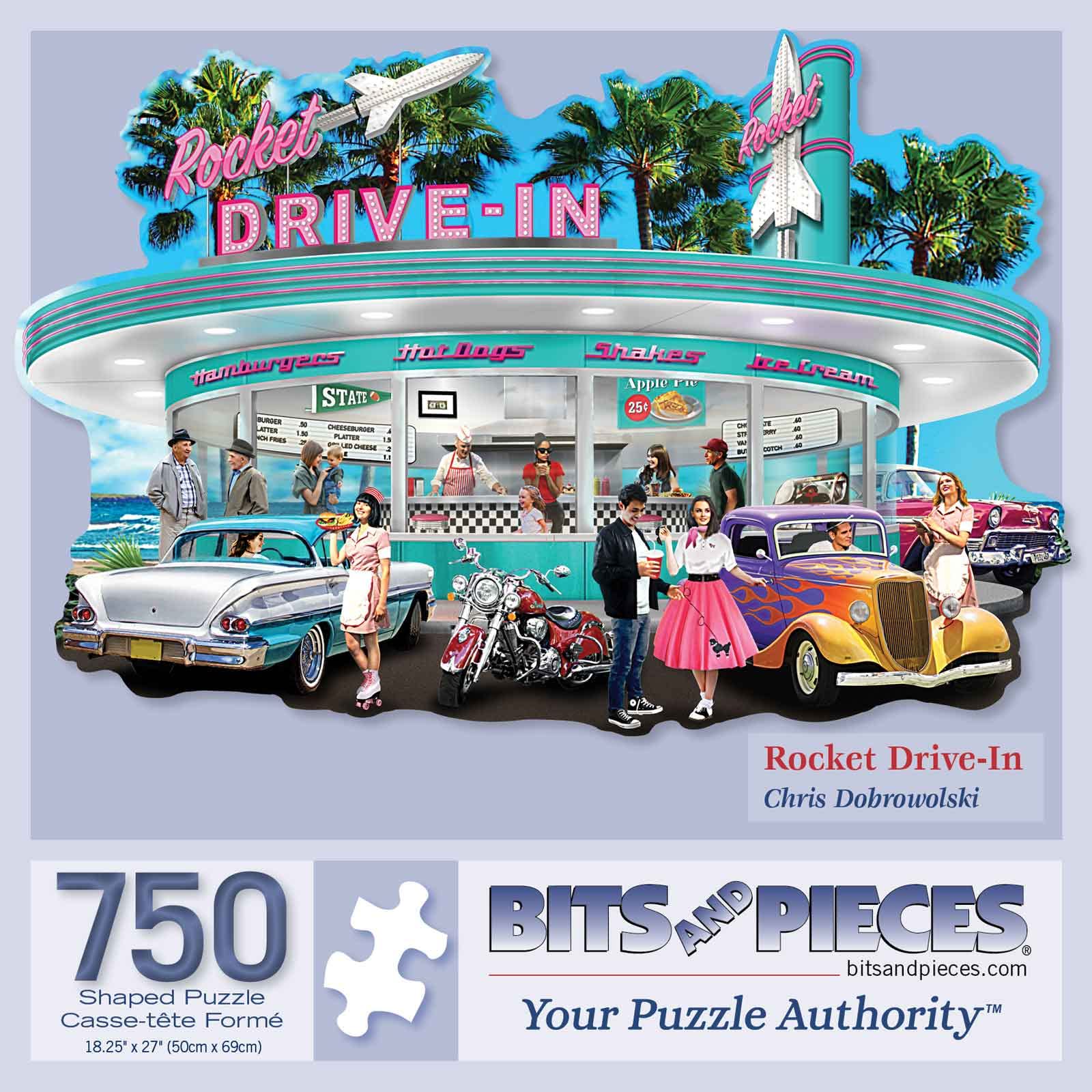 Bits and Pieces - 750 Piece Jigsaw Puzzle for Adults - Rocket Drive - in' - Classic Cars Retro Diner Jigsaw Puzzle by Chris Dobrowolski, Completed