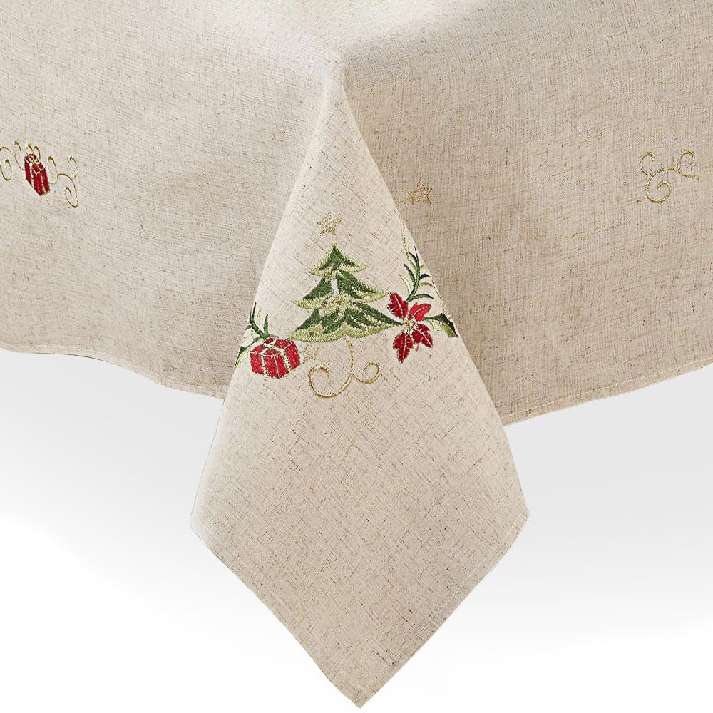 SARO LIFESTYLE Embroidered Christmas Tree Design Linen Blend Tablecloth, Natural, 67" x 67"