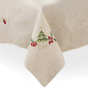 SARO LIFESTYLE Embroidered Christmas Tree Design Linen Blend Tablecloth, Natural, 67" x 67"