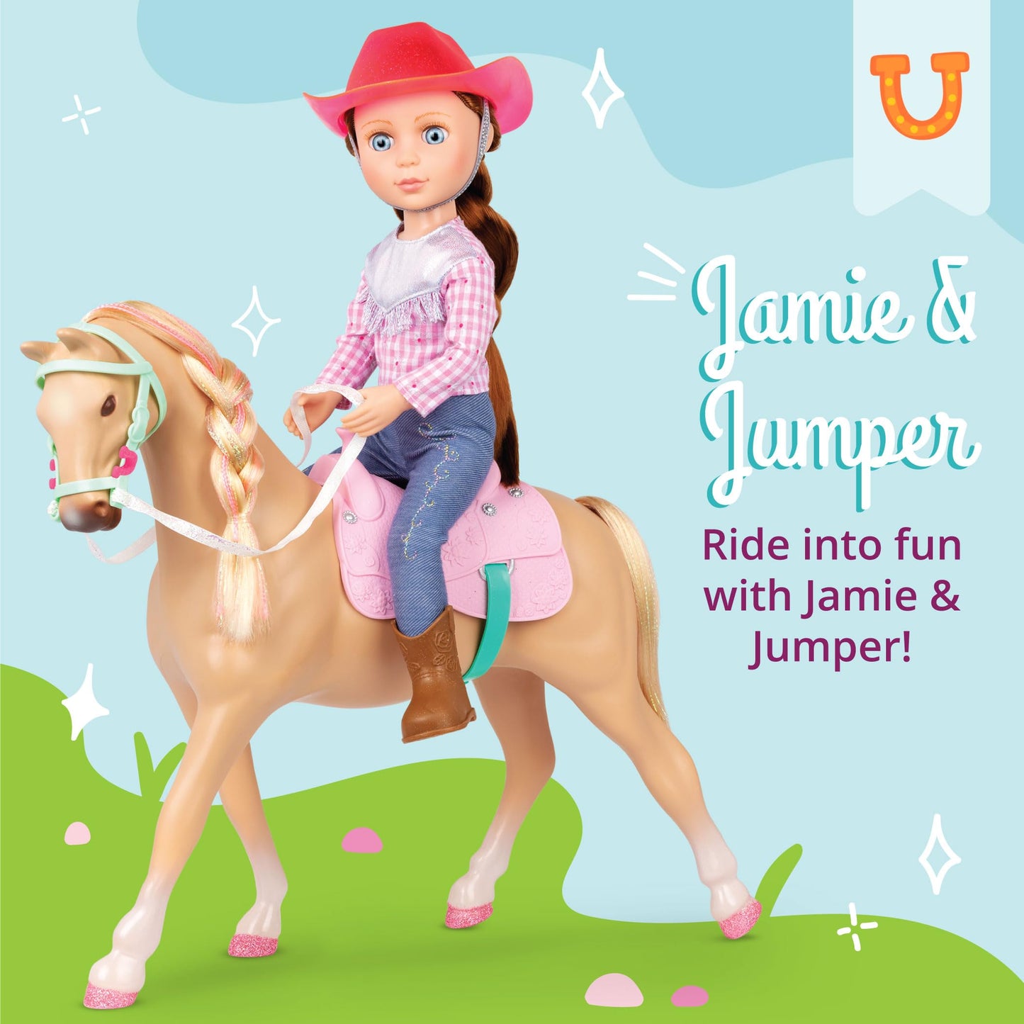 Glitter Girls - 14-Inch Equestrian Doll - Brown Hair & Blue Eyes - Riding Outfit with Cowgirl Hat - Horse with Tan Coat and Pink Saddle - 3+ Years
