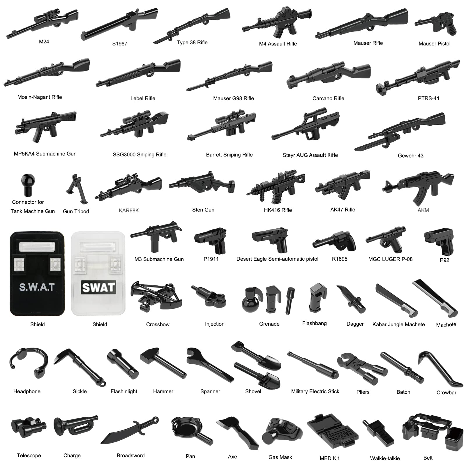 Pamvava Military Weapons Pack WW2 Army Accessories Set for Figures, 280+ Pieces SWAT Soldier Brick Guns and Armor, Compatible with Major Brands