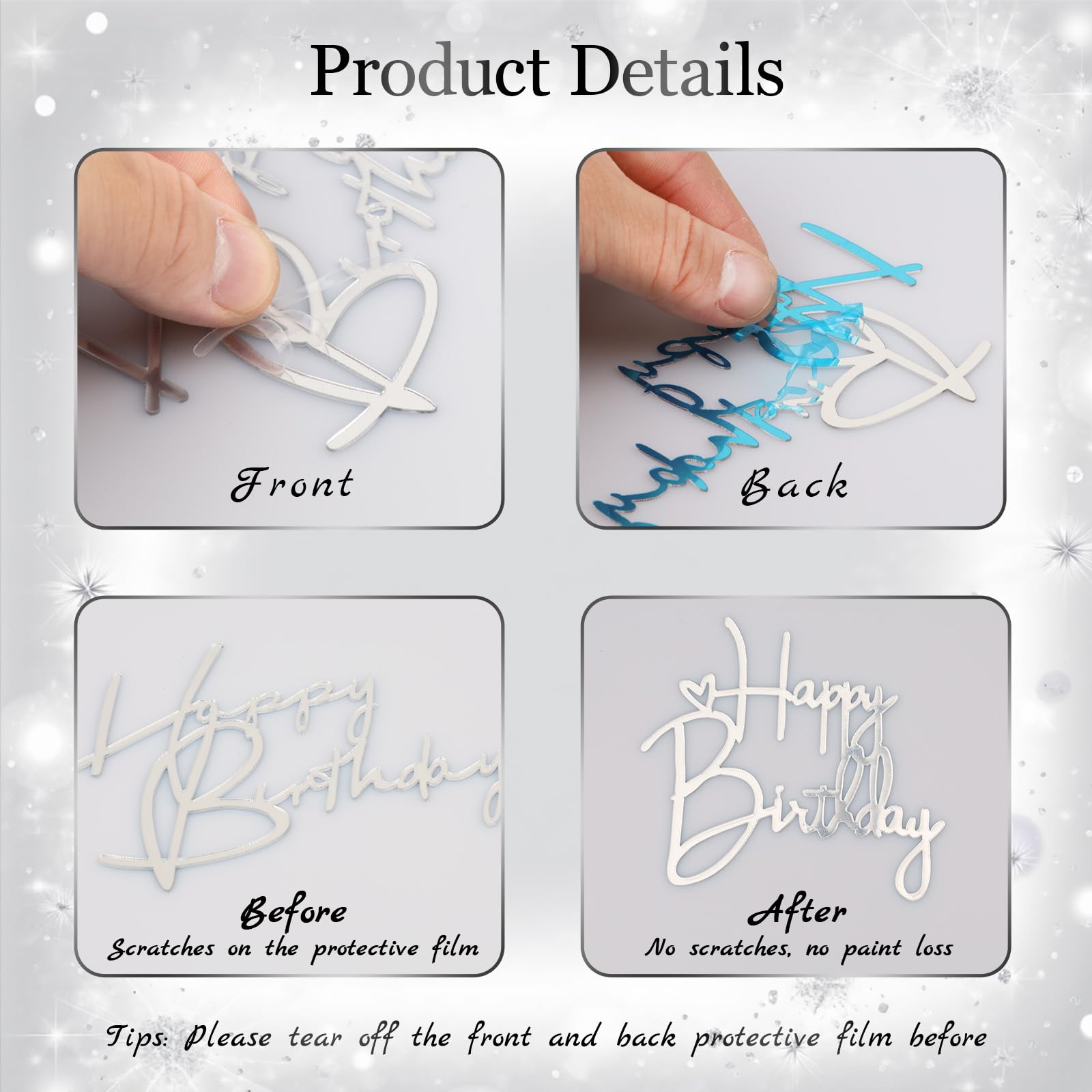 10Pcs Silver Acrylic Happy Birthday Cake Topper for Birthday Party Supplies