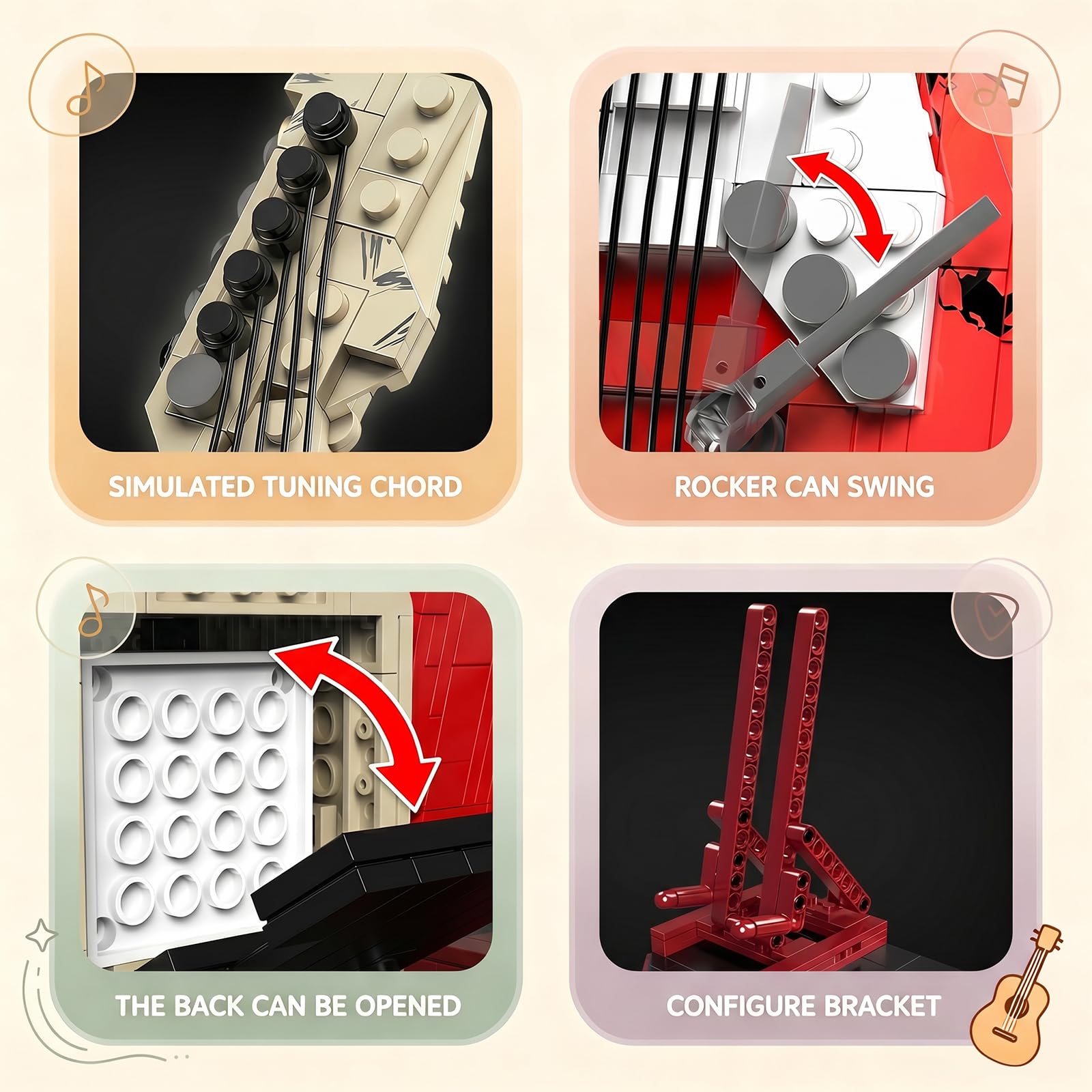 HJPLPXH Rock Guitar Interactive Building Block Set, Creative Construction Model Toy with Display Stand, DIY Collectible for Home Decor, for Adults