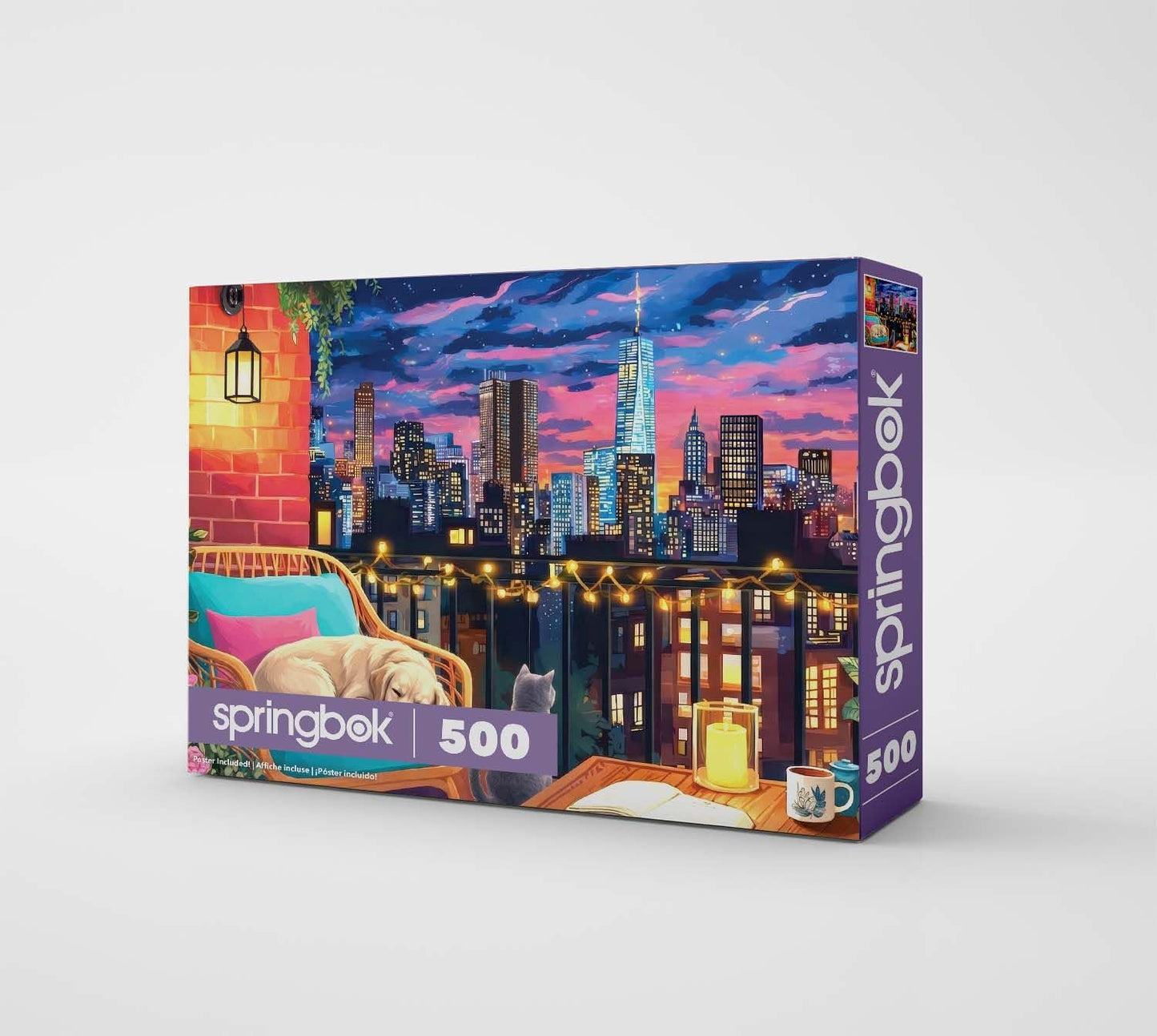 Springbok Cozy Nights & City Lights 500 Piece Jigsaw Puzzle for Adults - Cozy Rooftop Cityscape - Poster Included - Unique Cut Pieces - Made in USA