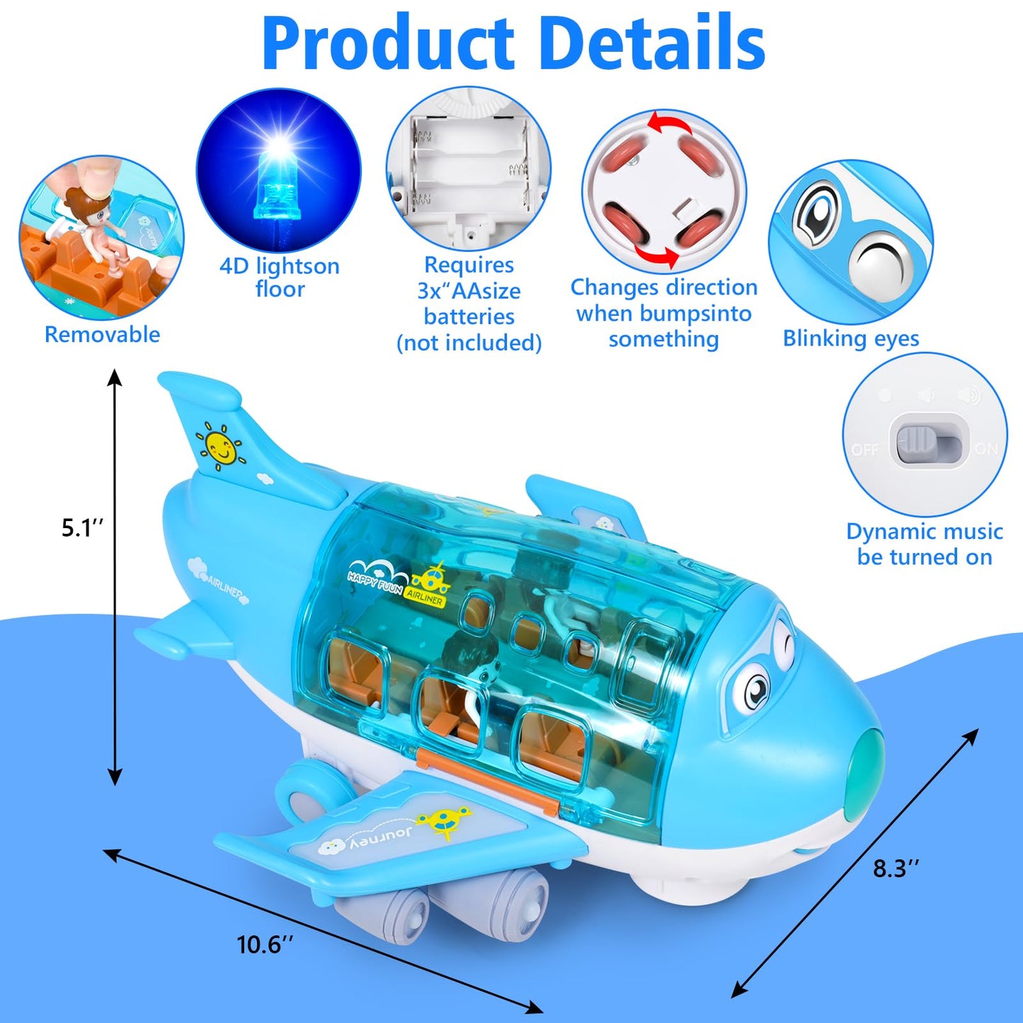 Toy Airplane for Toddlers 2-4 3-5 With Sounds and Light Up Toys, 360°Freedom Operated Automatic Bump Autism Sensory Toy Plane Toddler Boy Toys