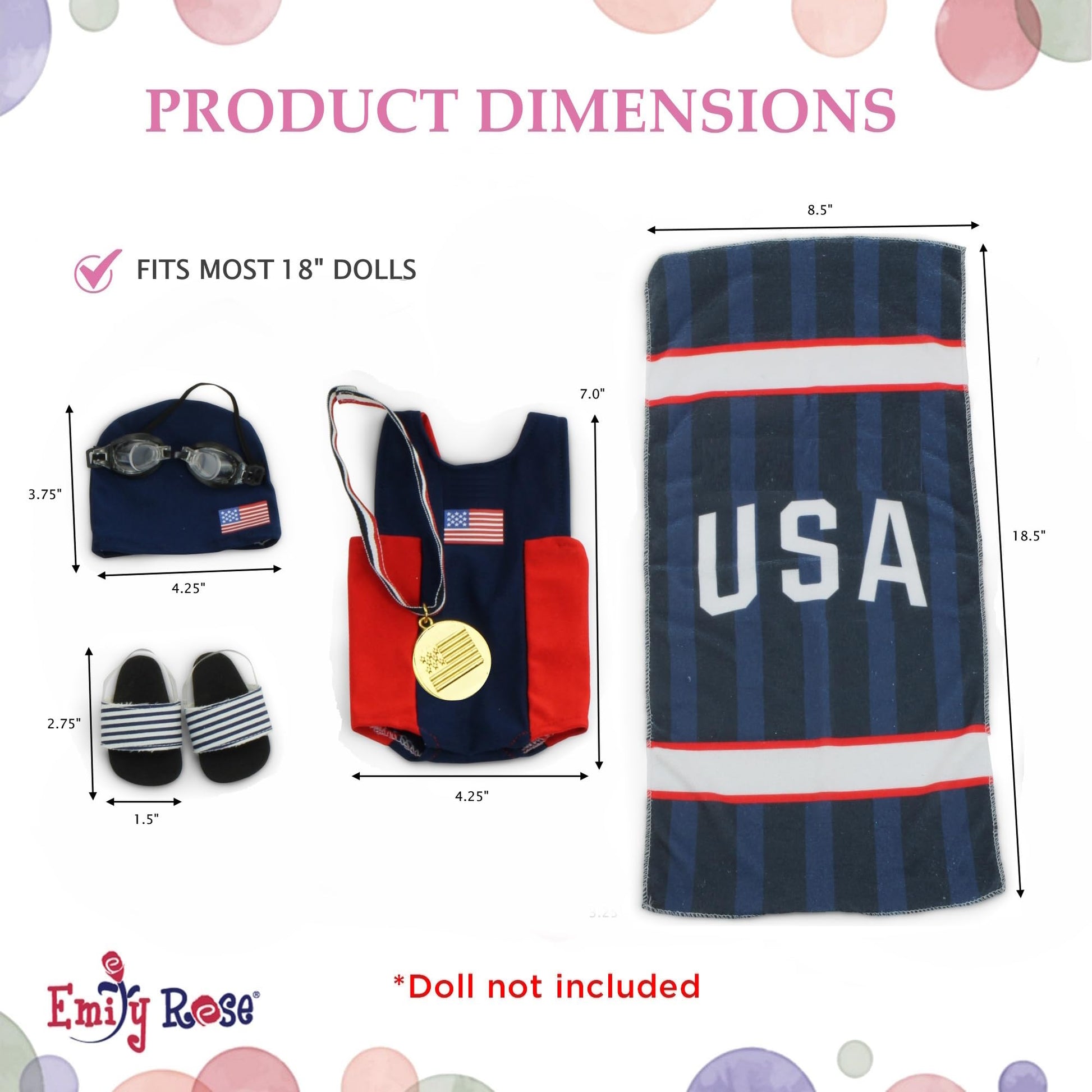 Emily Rose 18 Inch Doll Swim Team Outfit - 6 Pc Competitive Swimmer Doll Clothes & Accessories Set with Medal, Goggles, Cap, Towel & Sandals, Gift