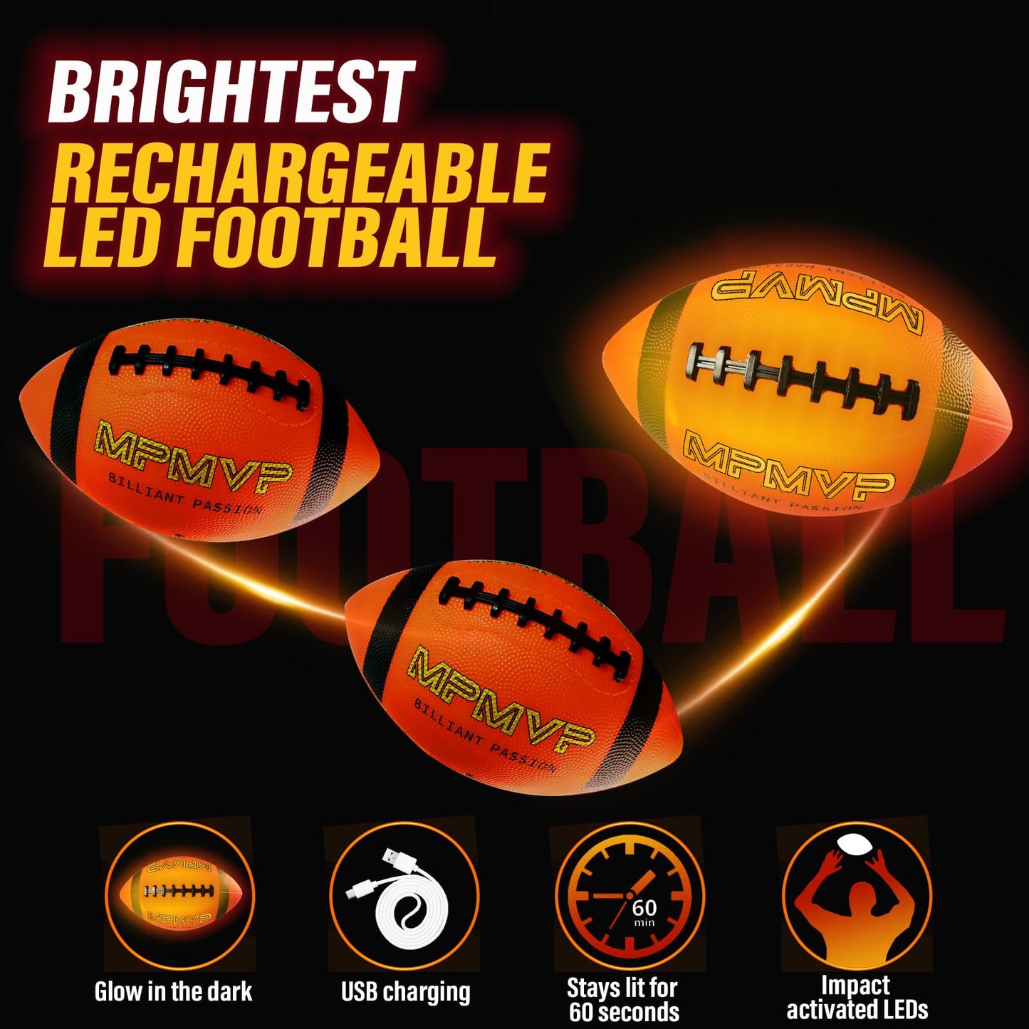 Cadyaw Glow in The Dark Football, Light Up LED Football Size 6, USB Rechargeable, Cool Outdoor Sports Boy Toys for Night Games, Birthday Gifts