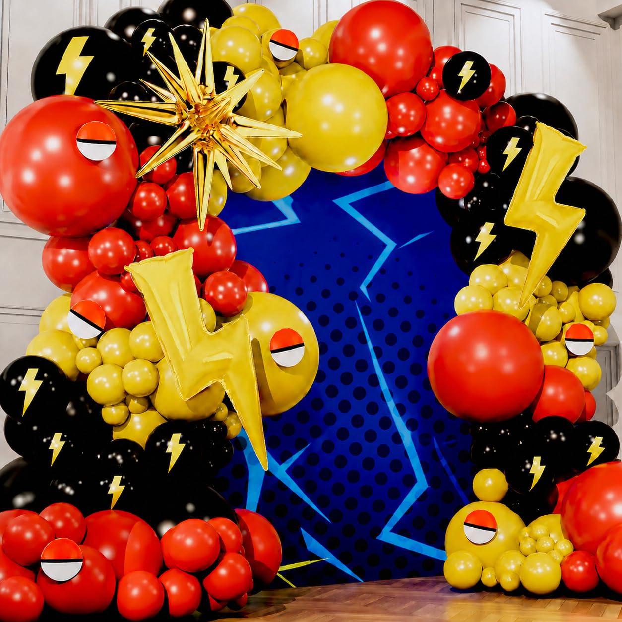 ALL-IN-1 Cartoon Balloon Arch Kit with BONUS Thunder & Starburst Balloons for Poke Birthday Decorations - Red Black Yellow Balloons for Poke Cartoon