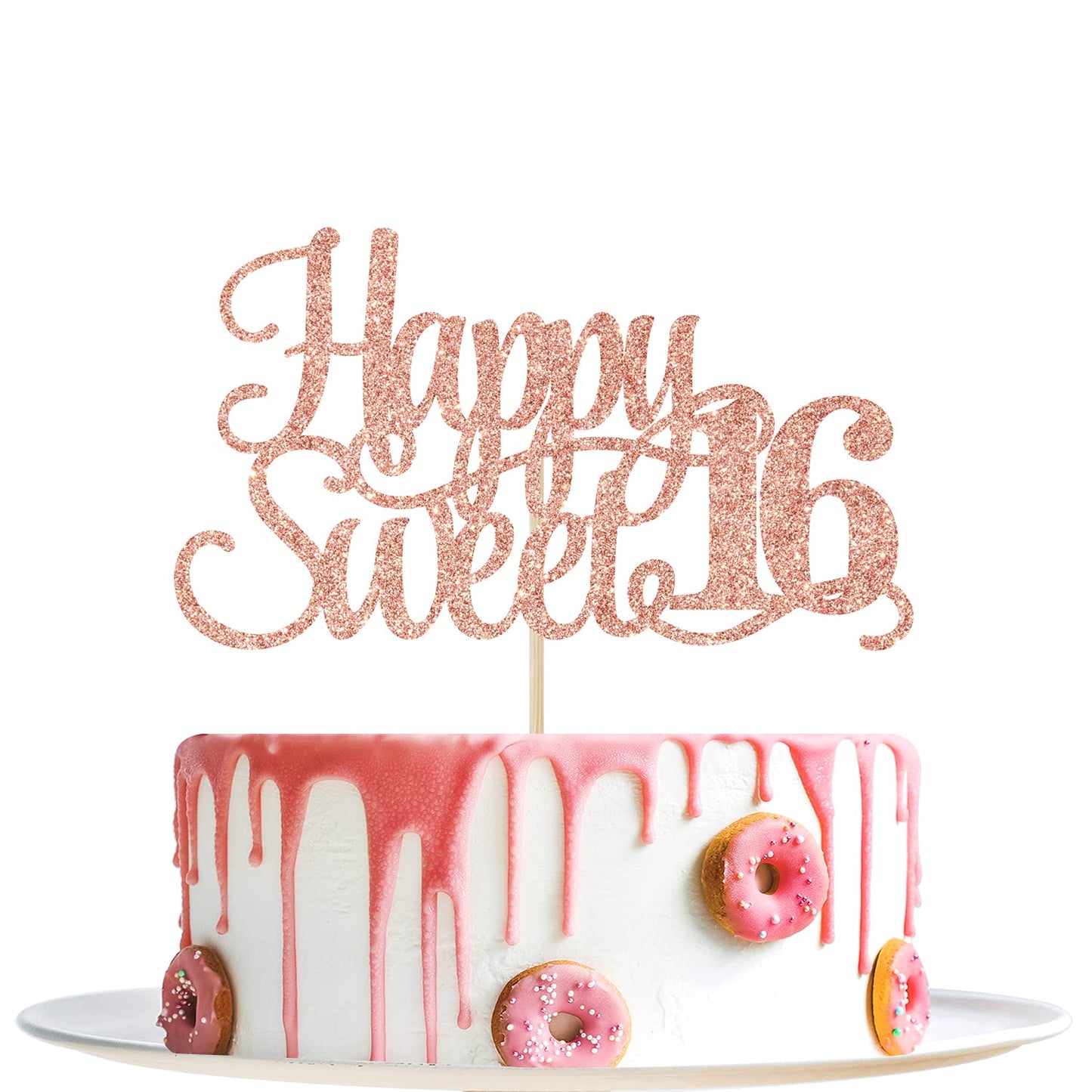 Rose Gold Glitter Happy Sweet 16 Cake Topper - Happy 16th Birthday Cake Decor - Hello 16, Cheers to 16 Years Birthday Party Decoration Supplies