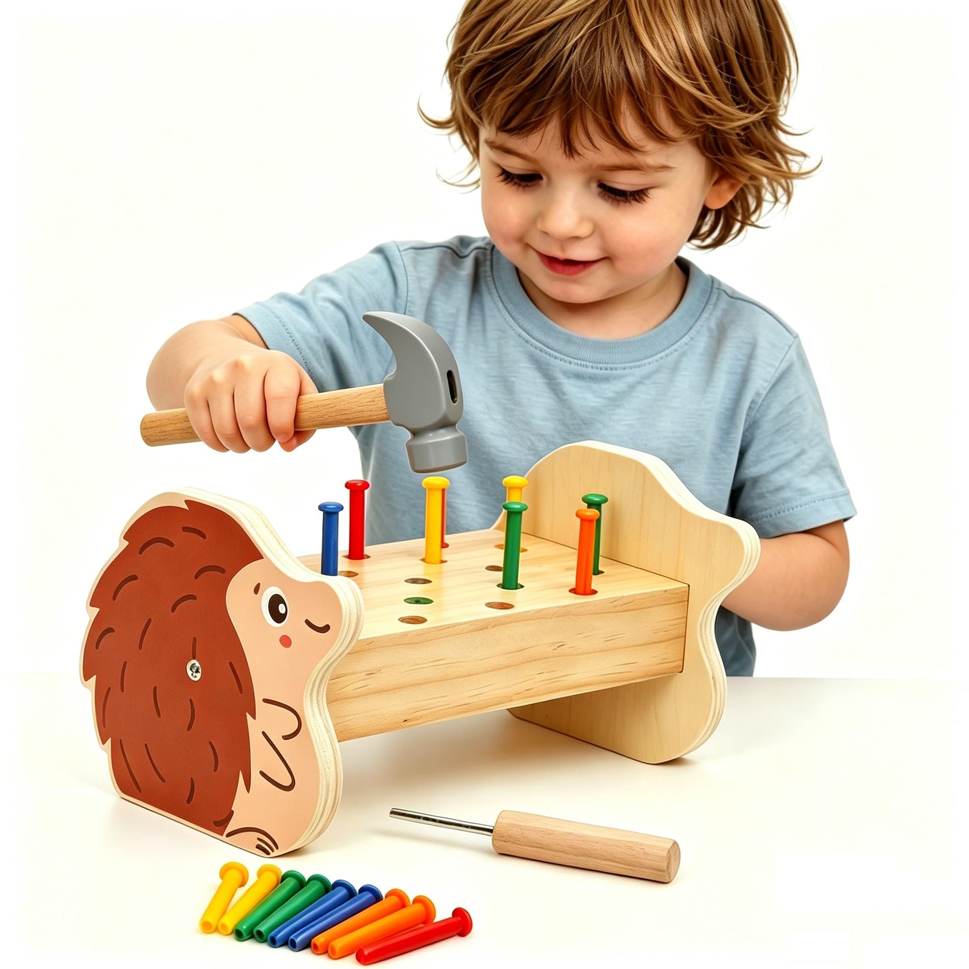 QZJVKBXY Wooden Hammer Pounding Bench Montessori STEM Toy for Toddler Early Development