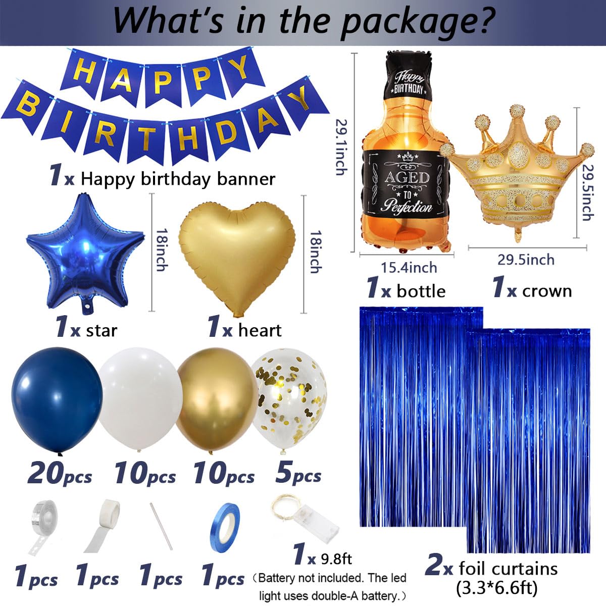 MSMANCY Navy Blue Birthday Decorations for Men, Happy Bithday Banner Foil Balloons Gold White Confetti Balloons for Men Boy Adults Birthday Party