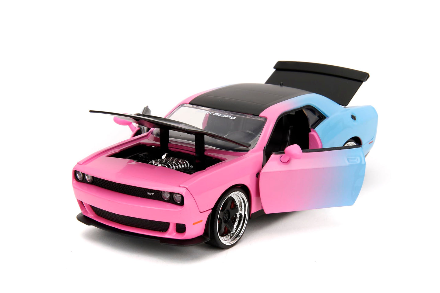 Jada Pink Slips 1:24 W5 2015 Dodge Challenger SRT Hellcat Die-Cast Car w/Base, Toys for Kids and Adults(Pink/Blue Gradient)