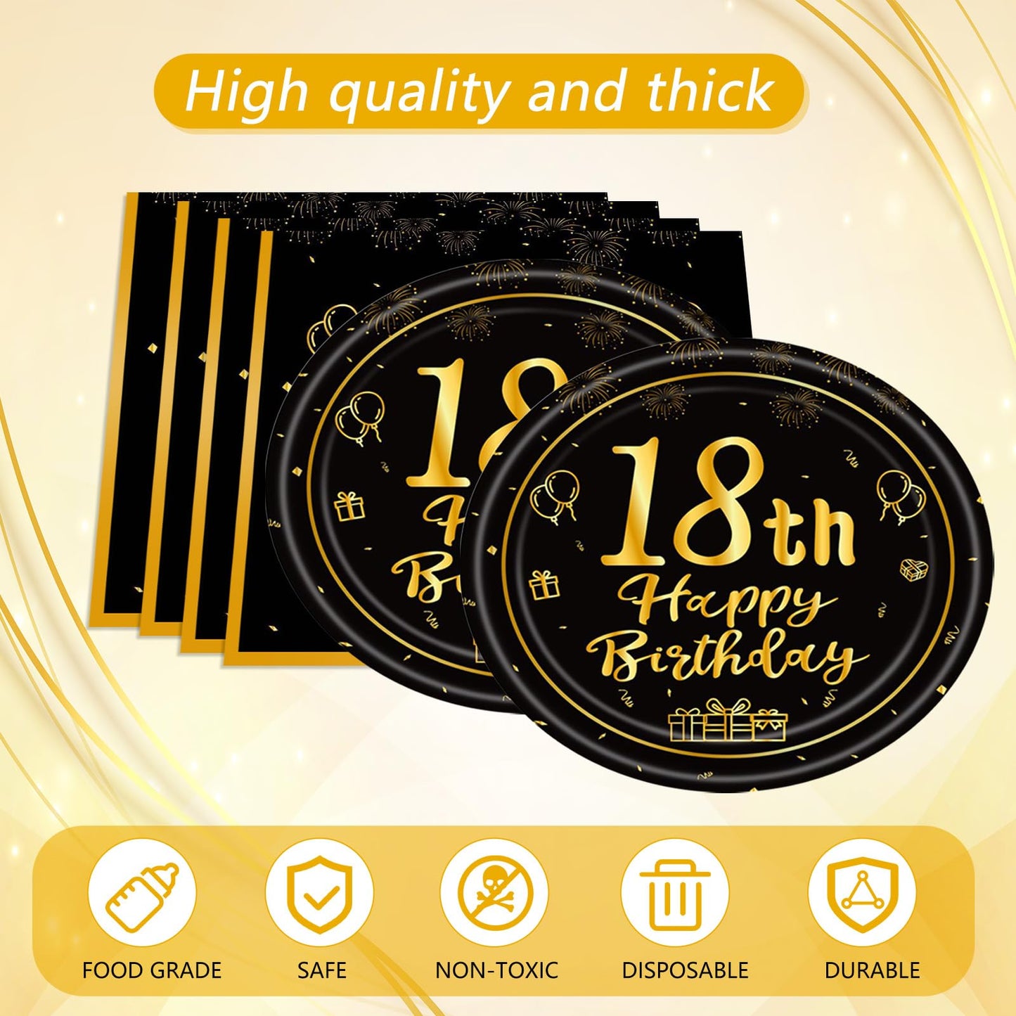 41PCS Happy 18th Birthday Decrations for Boys Girls Black Gold Themed Disposable Tableware Decor Includeing Plates Napkins Tablecloth for Eighteen