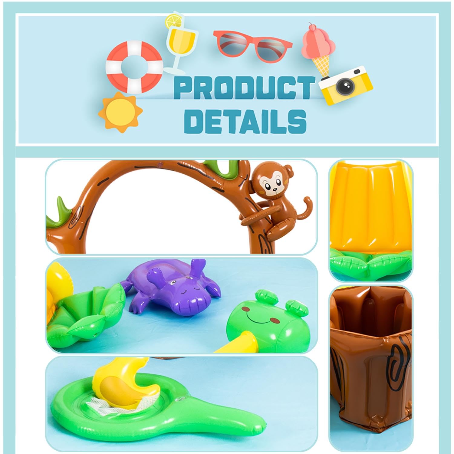 Inflatable Jungle Animal Play Center Outdoor Playhouse Inflatable Water Park with Kid Pool Slide, Sprinkler Toy with Base Pool, Monkey, Tree Stump