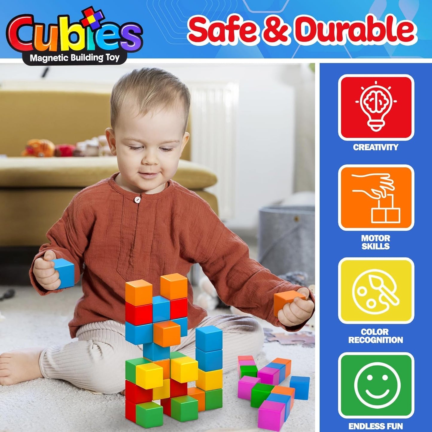 Playmags Magnetic Cubes Building Toy, 64pc 1.5 Inch Magnet Blocks, STEM Toys for Toddlers & Kids, Preschool Educational Sensory Construction Toy