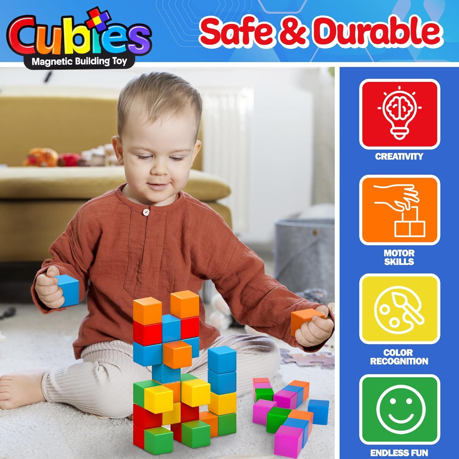 Playmags Magnetic Cubes Building Toy, 64pc 1.5 Inch Magnet Blocks, STEM Toys for Toddlers & Kids, Preschool Educational Sensory Construction Toy