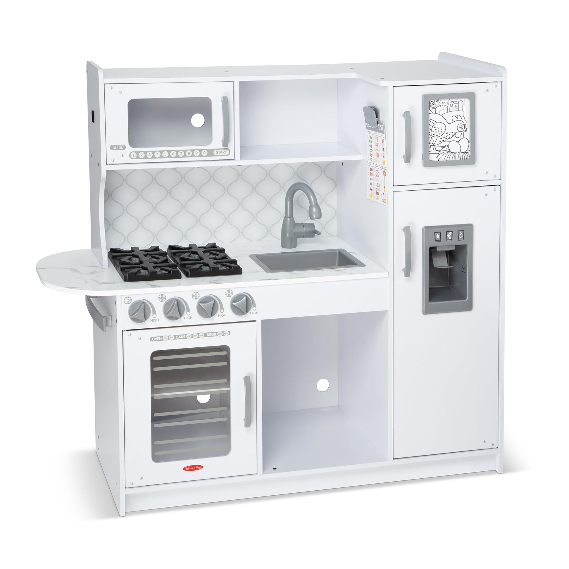 Melissa & Doug Wooden Chef’s Pretend Play Toy Kitchen with “Ice” Cube Dispenser - Cloud White, Kids Kitchen Play Set, for Toddlers and Kids Ages 3+ -
