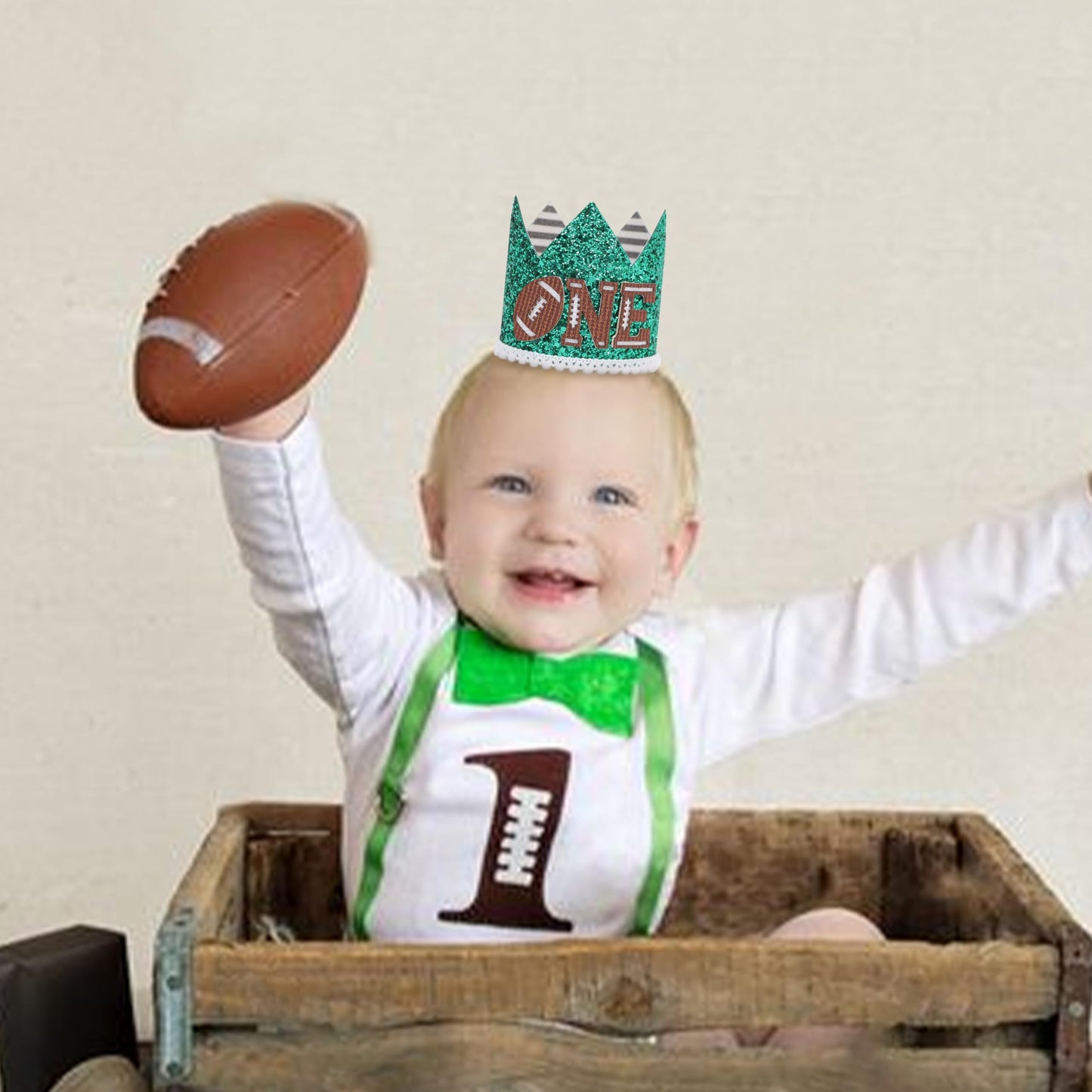 DSAANE Football Theme 1st Birthday Hat for Boys Girls, Sports Party Crown, Baby Shower Decorations, Cake Smash Photo Props, First Year Down