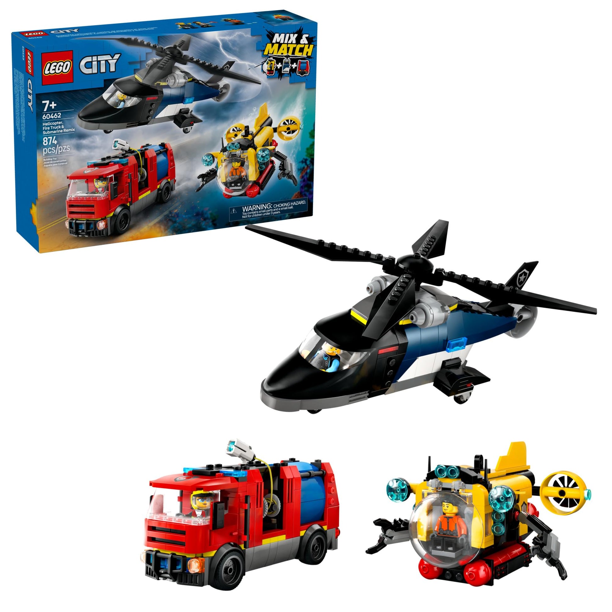 LEGO City Helicopter, Fire Truck & Submarine Remix Kids Toy - 3 Building Toys in 1 for Boys and Girls, Ages 7+ - Gift Idea for Birthdays - with 3
