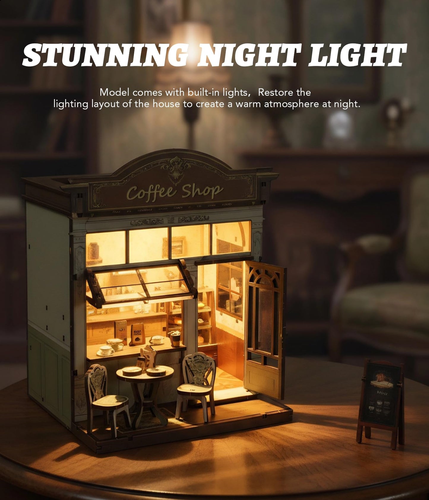 KOLOTESAME Coffee Shop Book Nook Kit, DIY Miniature House 3D Wooden Puzzle with LED Light, Bookshelf Insert Decor Tiny Dollhouse Building Kit