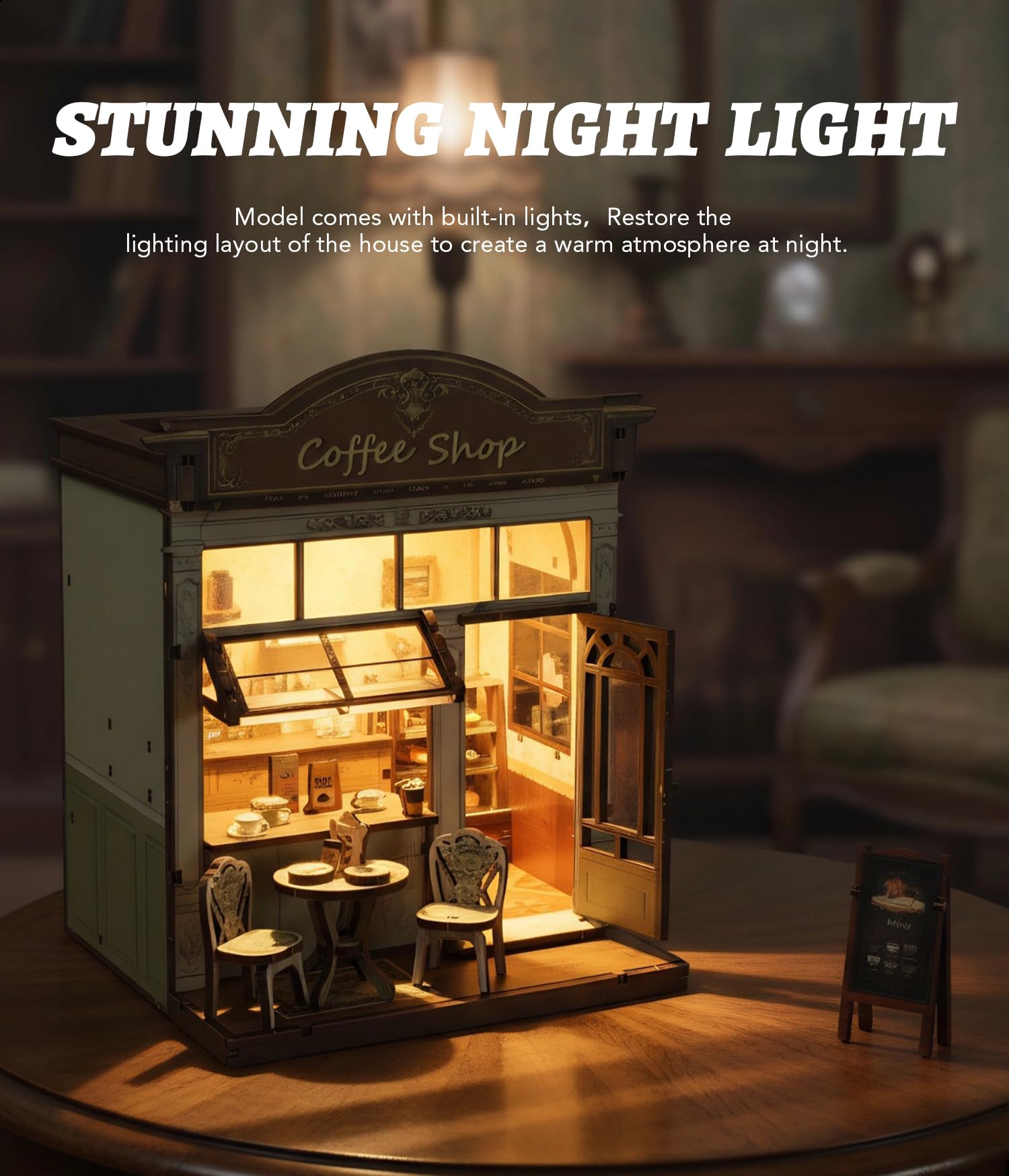 KOLOTESAME Coffee Shop Book Nook Kit, DIY Miniature House 3D Wooden Puzzle with LED Light, Bookshelf Insert Decor Tiny Dollhouse Building Kit
