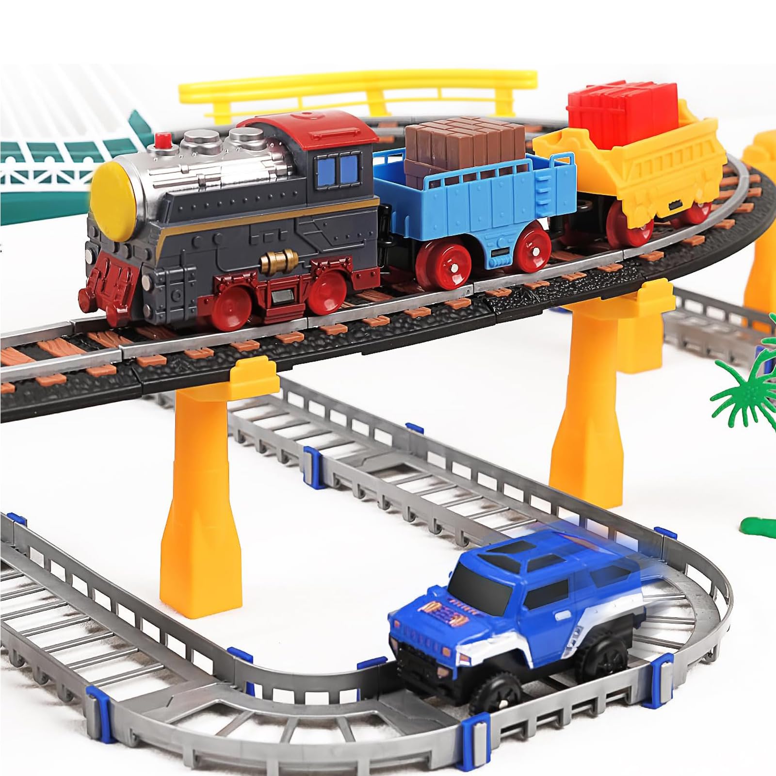 Electric Train Set for Kids Ages 4-8 with Train Tracks Set & Car Tracks Lights Up Bridge Road Sign Realistic Sound Train Track Accessories Playset Boy