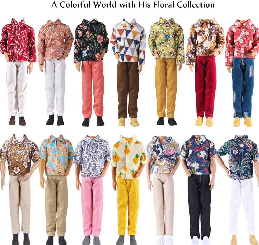E-TING 10-Item Fantastic Pack = 1 Black-tie Suit with a Shirt + 3 Sets of Casual Wear Clothes Outfit + 1 pc Swim Trunks + 5 Pairs Shoes for 12inches