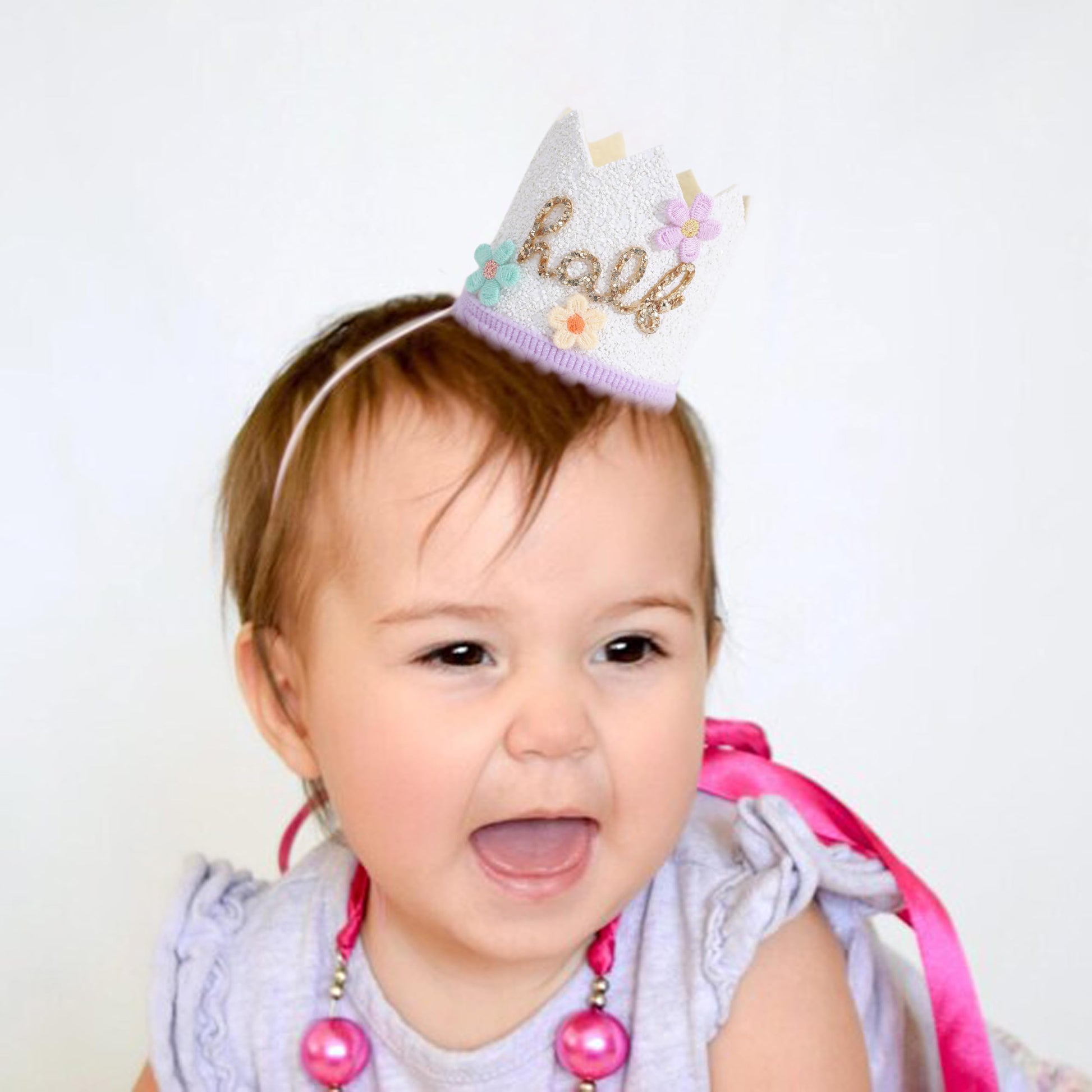 YOUAME Daisy Floral Half Birthday Hat - Flower Cake Smash Crown for 6 Month Baby, Half Way To One Party Crown, Sweet Mini Photo Prop