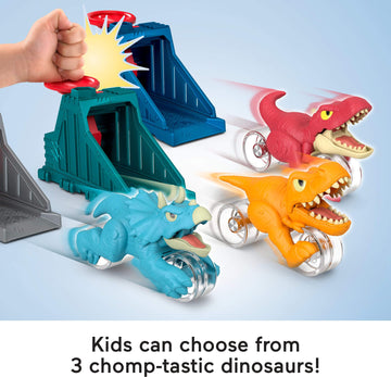 Fisher-Price Imaginext Jurassic World Launcher Set with 4.25-inch Chomping Toy T. rex Dinosaur, Blaster & Food Projectile