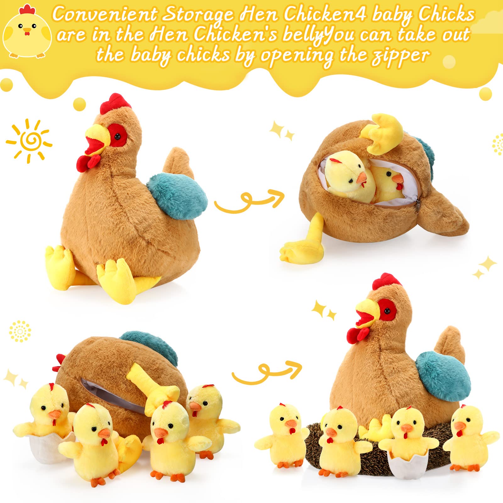 Skylety 6 Pcs Chicken Stuffed Animal with Baby Chicks Inside Chicken Plush Toy for Kids Stuffed Animal Egg Laying Hen with Zippered Belly Farm Plushie
