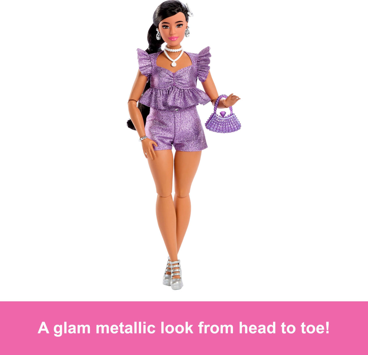 Barbie Deluxe Style Doll #8 in Metallic Purple Top and Sparkly Shorts, Black Hair in Braid, Accessories Like Pearly Jewelry and Handbag