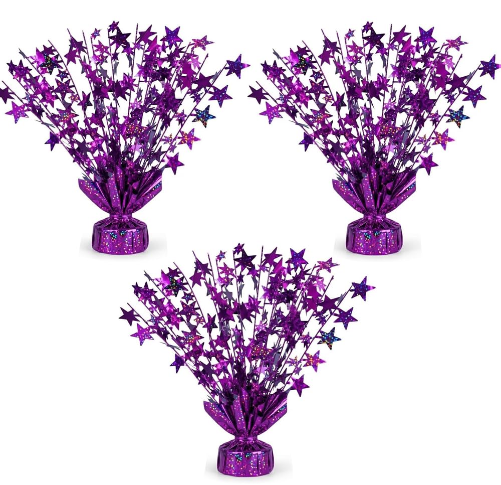 PMU 3 Pack Bursting Star Metallic Foil Spray Centerpiece- Purple Prismatic Balloon Weights, Party Table Decorations Centerpiece for Birthdays